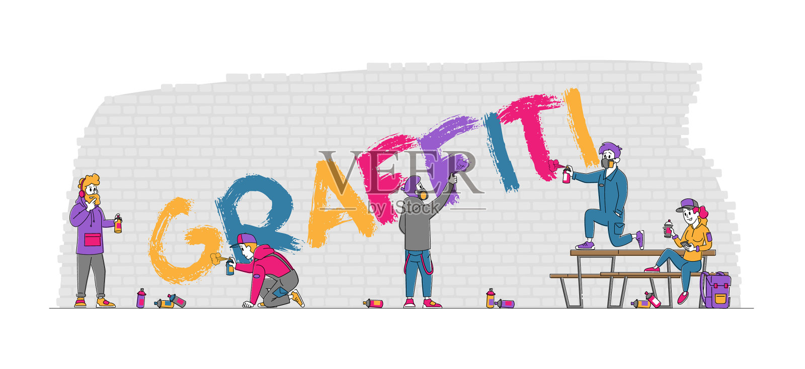 少年在城市砖墙上涂鸦设计元素图片