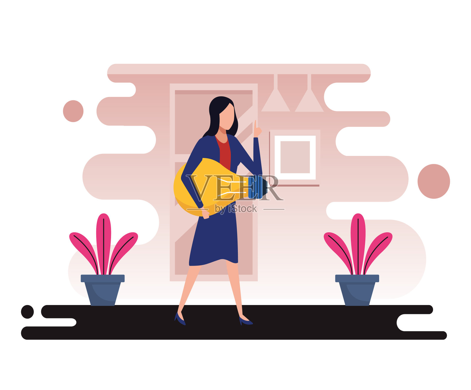 年轻的商业女性与灯泡化身的角色插画图片素材