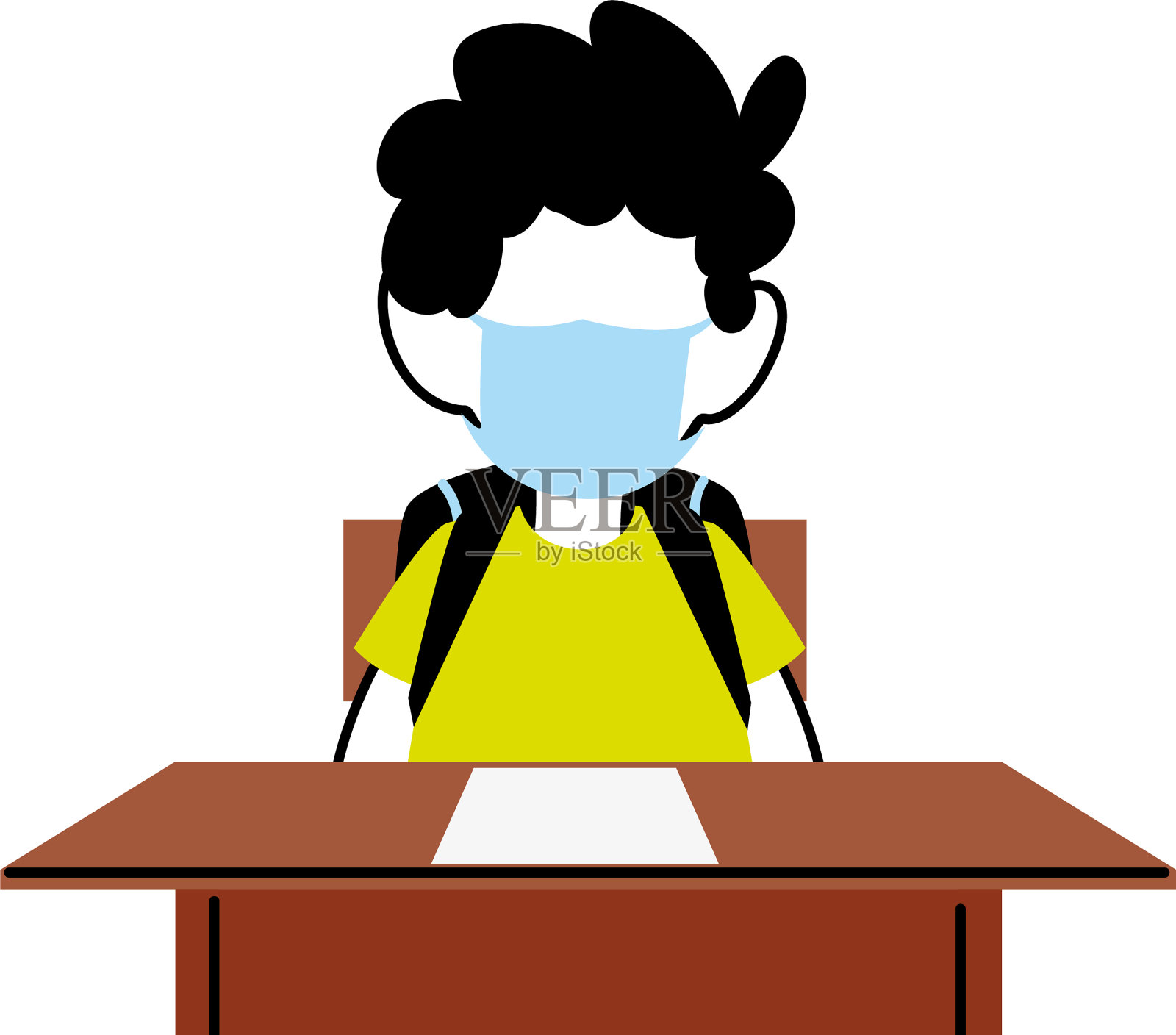 男孩戴着口罩在课桌前插画图片素材