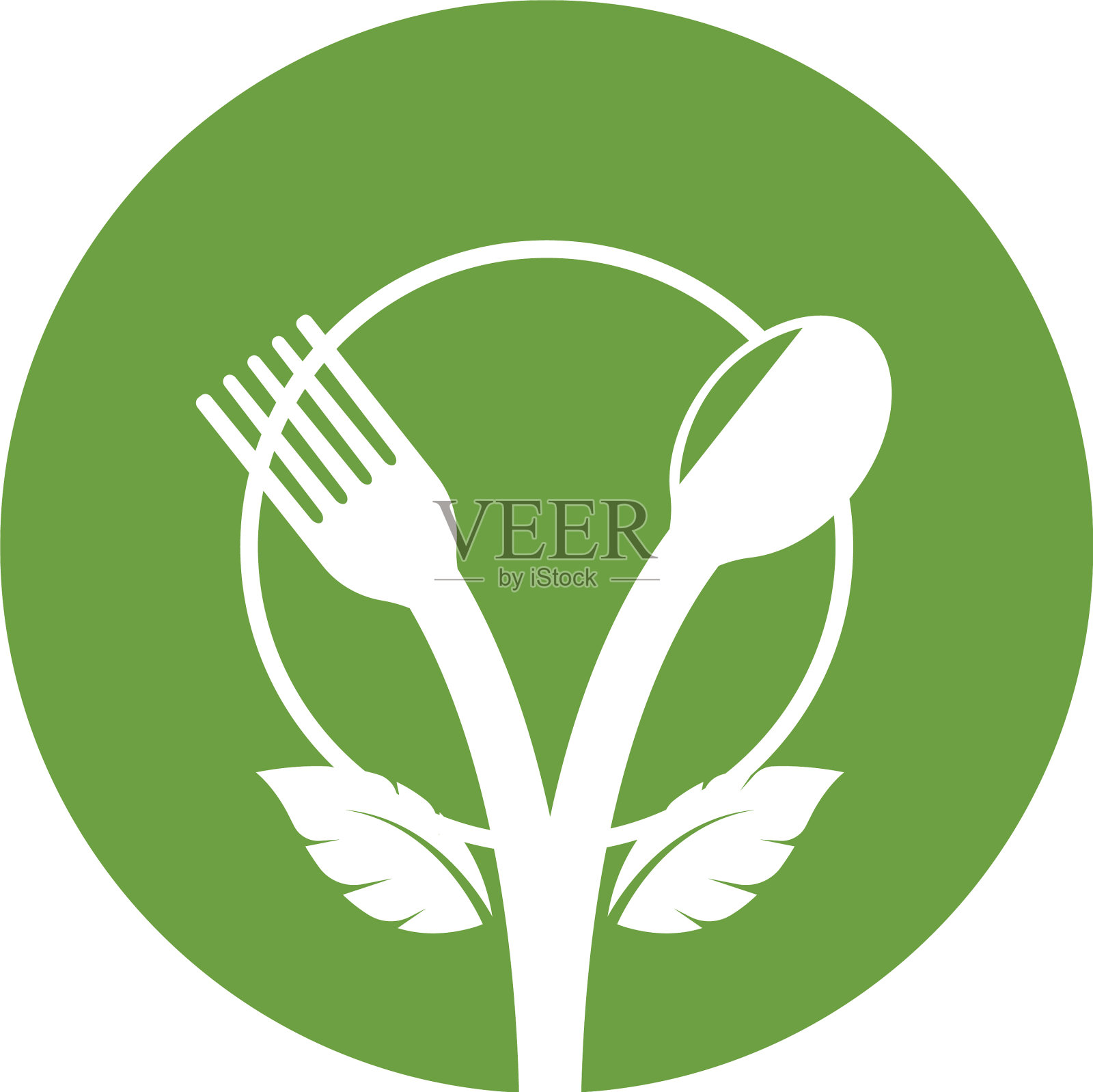 带有叶子的叉子和勺子象征着素食图标素材