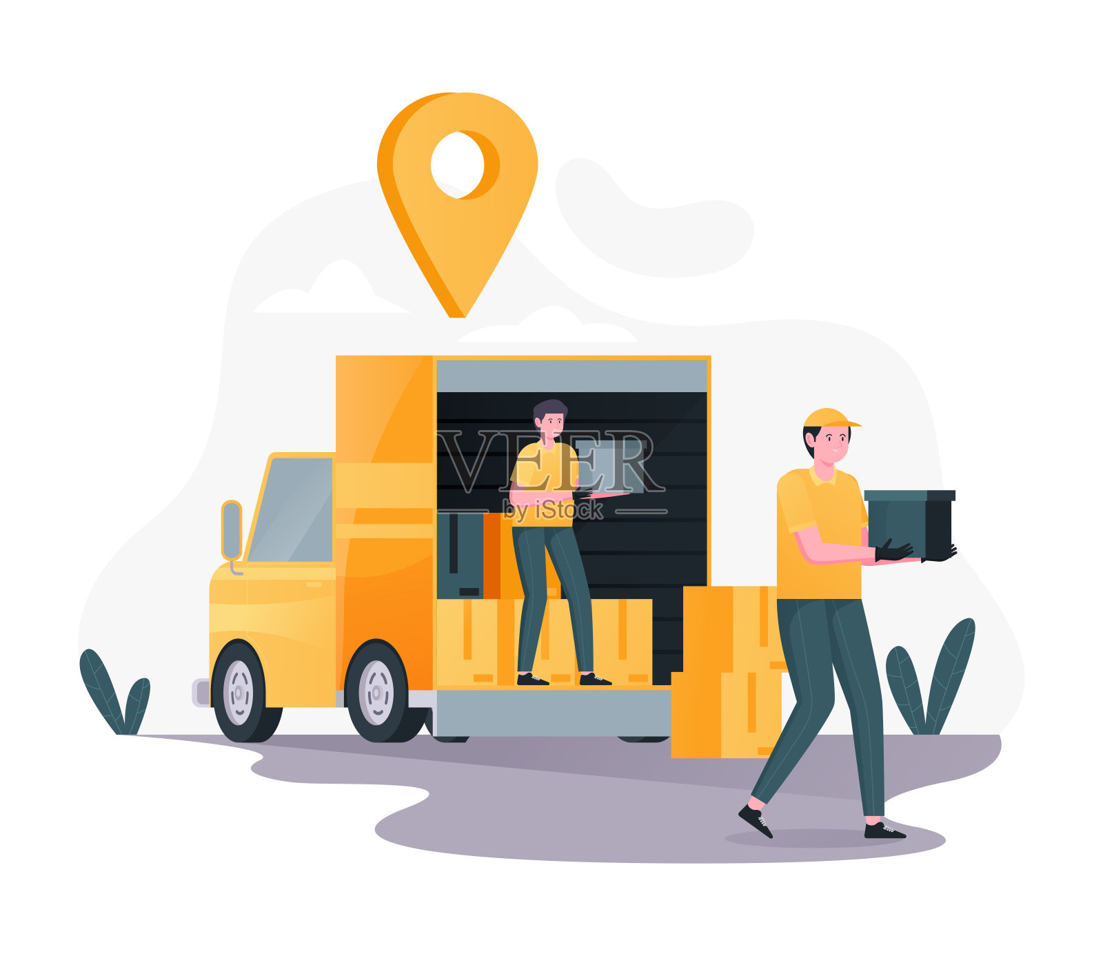 快递员在运送卡车上卸下箱子,在线递送服务,快速递送,货物,包裹,包裹插画图片素材