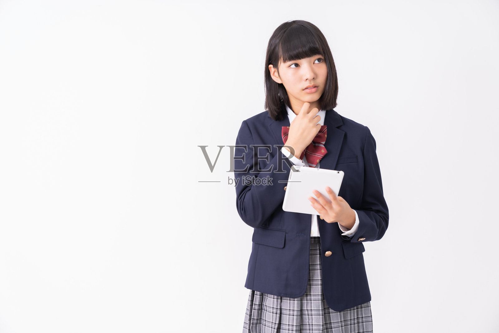 女生,思考,平板电脑,校服,照片摄影图片