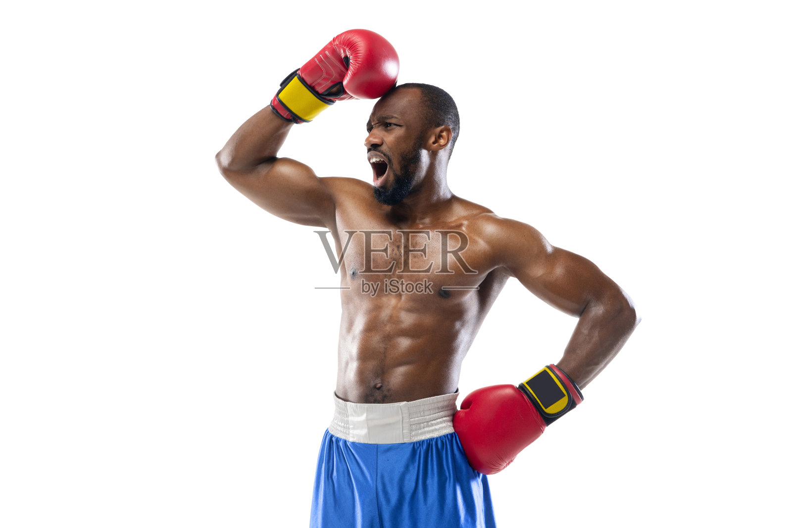 明亮的情绪职业拳击手孤立在白色的工作室背景,兴奋的游戏照片摄影图片