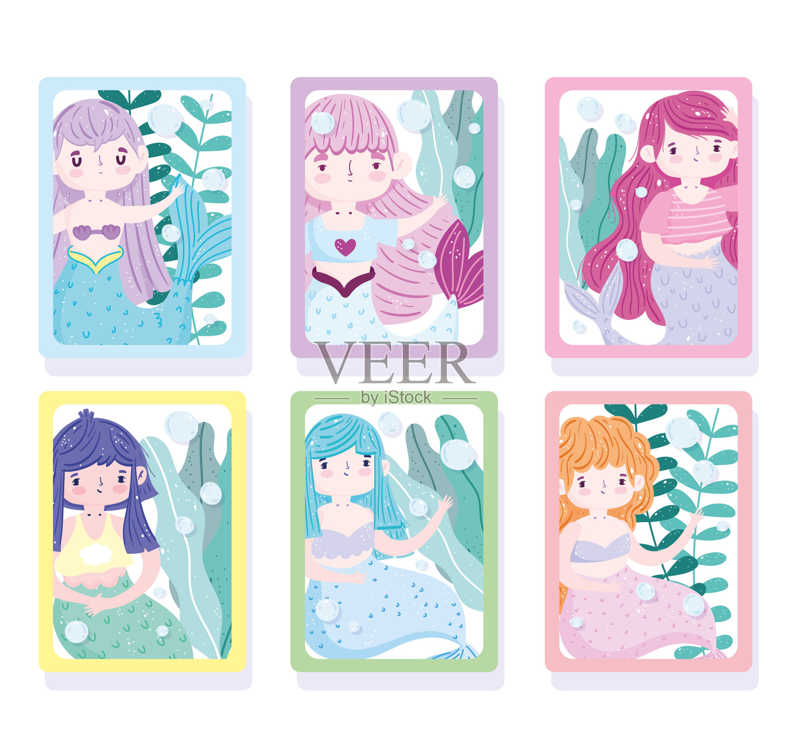 可爱的美人鱼公主和彩色的头发下面插画图片素材