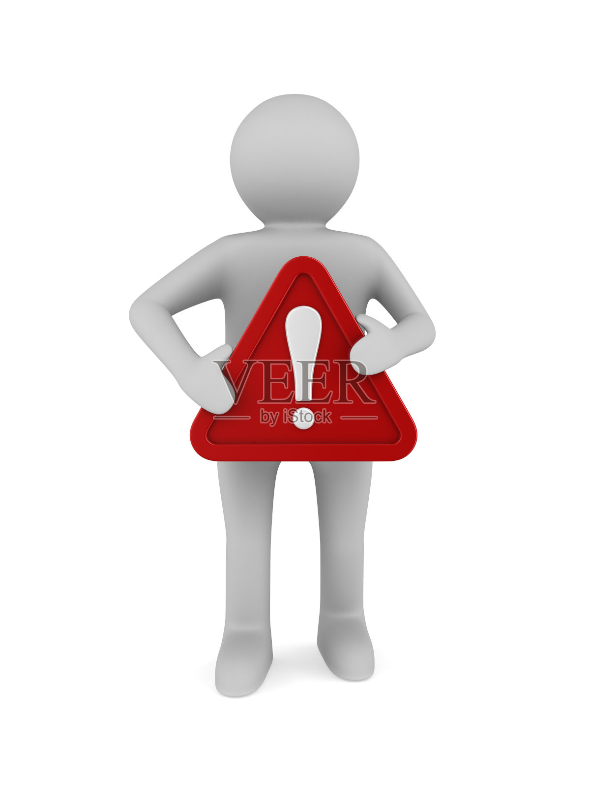 白色背景上带红色三角形和感叹号的男人。孤立的3 d演示照片摄影图片