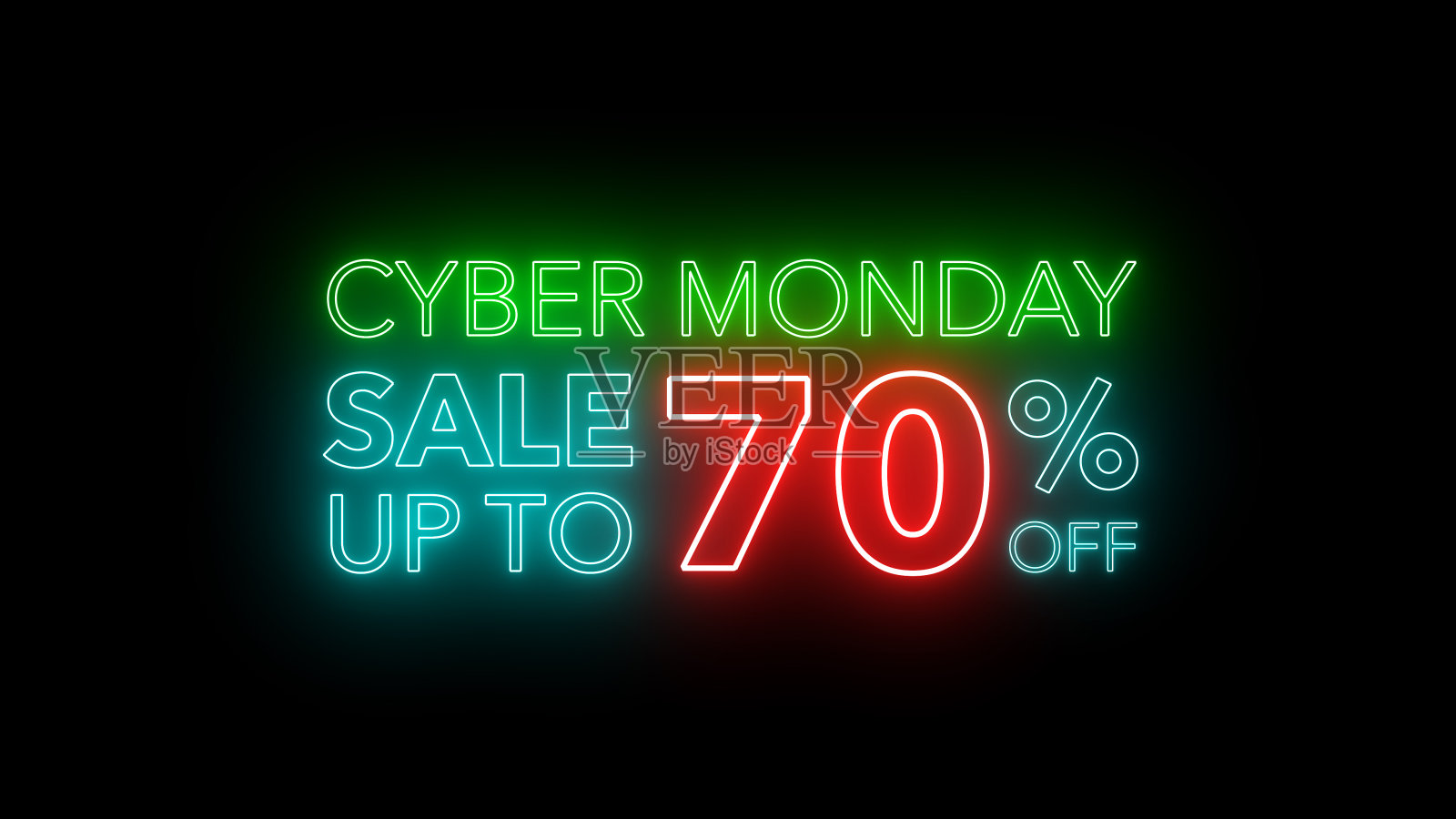 网络星期一销售彩色霓虹灯横幅在黑色的背景进行促销。概念推广品牌销售系列10-90%照片摄影图片