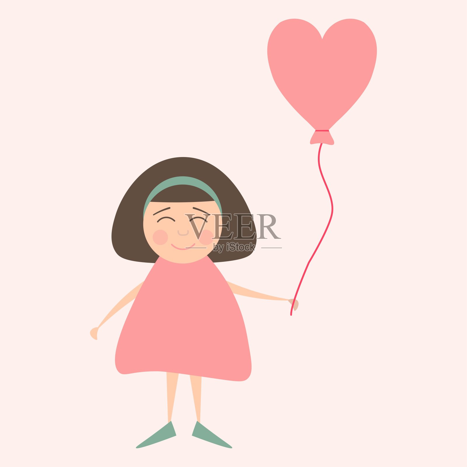 孤立的矢量微笑女孩与粉红色心形气球在浅粉色的背景平风格。插画图片素材