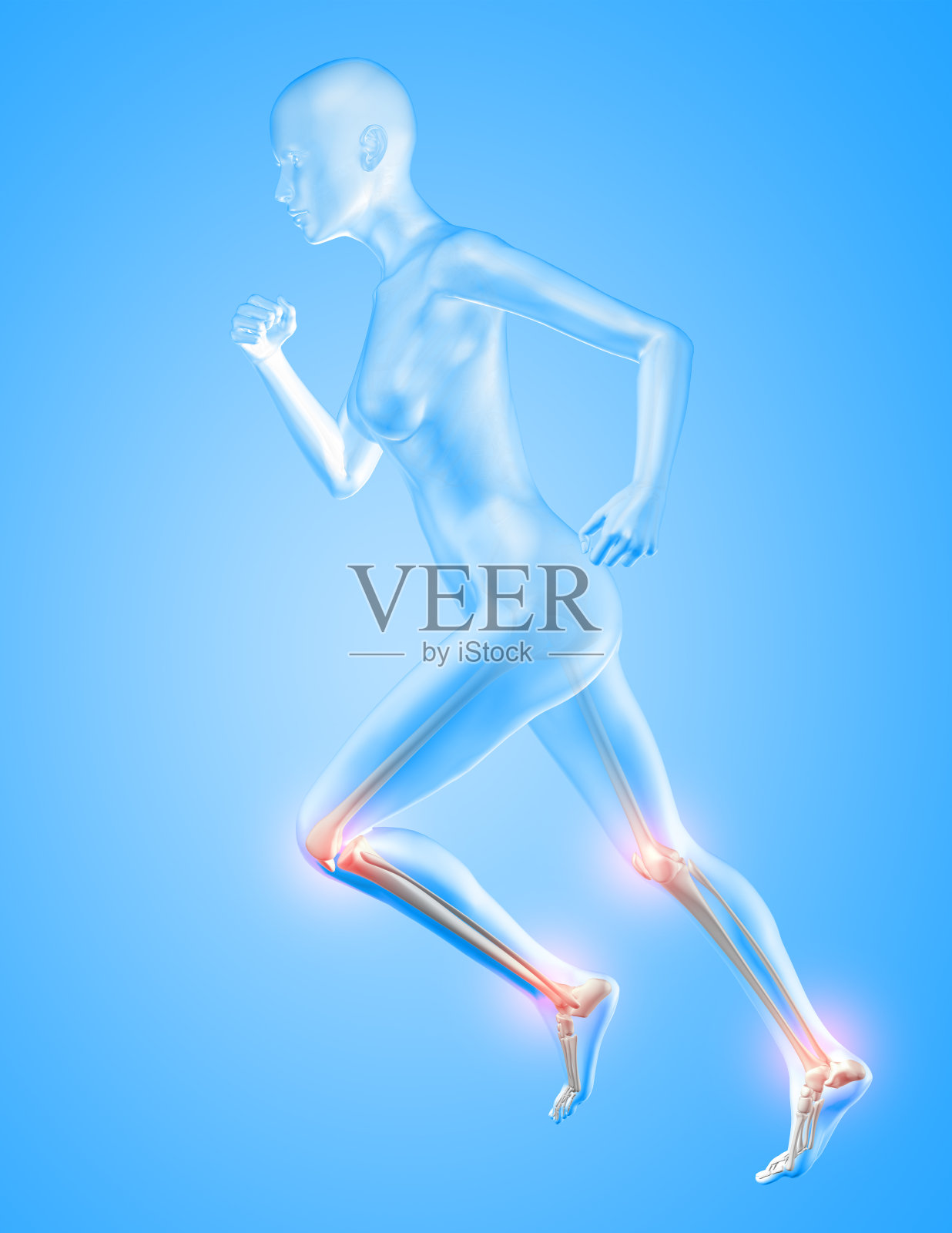 3D女性人物跑步,膝盖和脚踝骨突出照片摄影图片