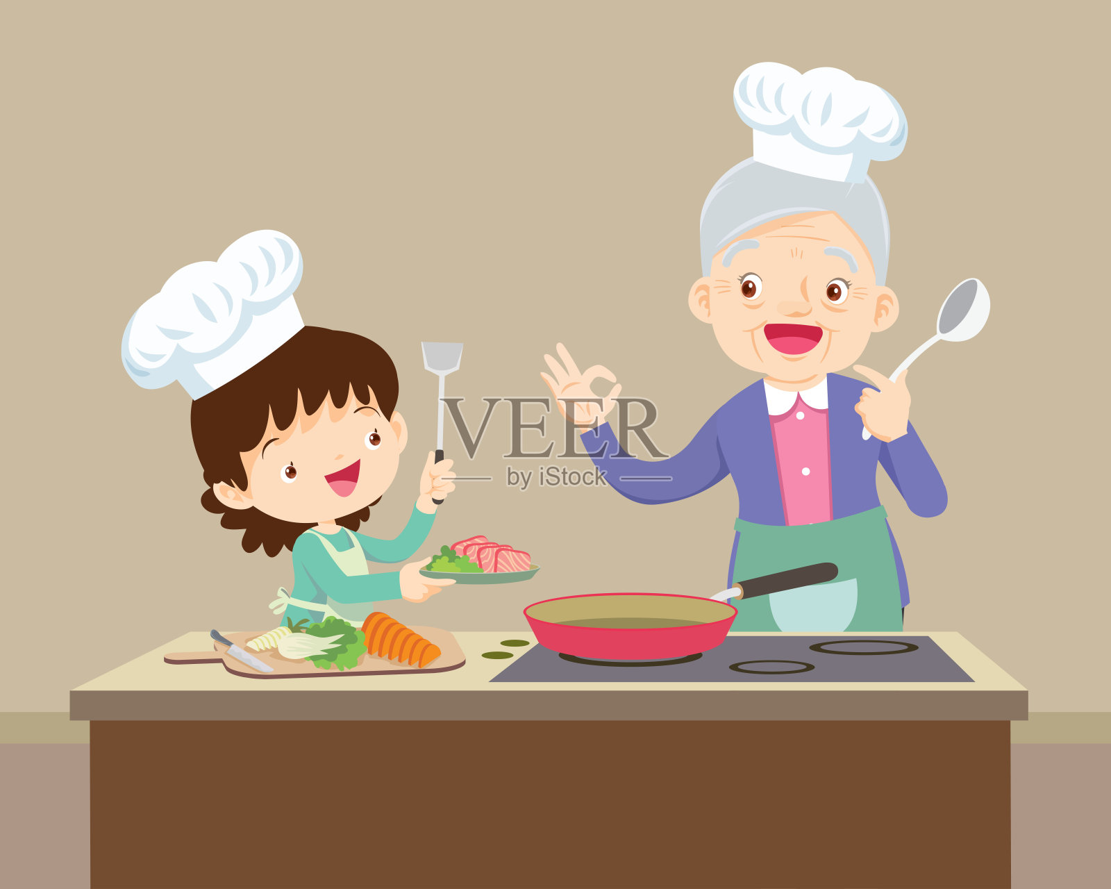 可爱的奶奶和小女孩在厨房做饭插画图片素材