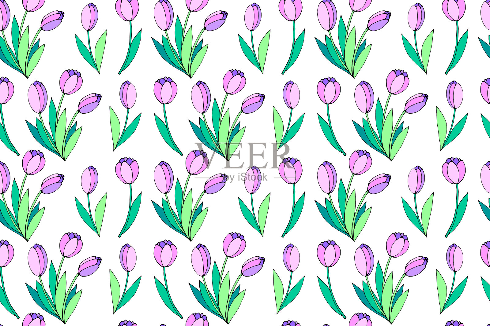 矢量无缝模式与粉红色郁金香花。手绘春天纹理,背景。适用于包装纸、纺织品、贺卡、婚礼、生日、母亲节、妇女节或情人节插画图片素材