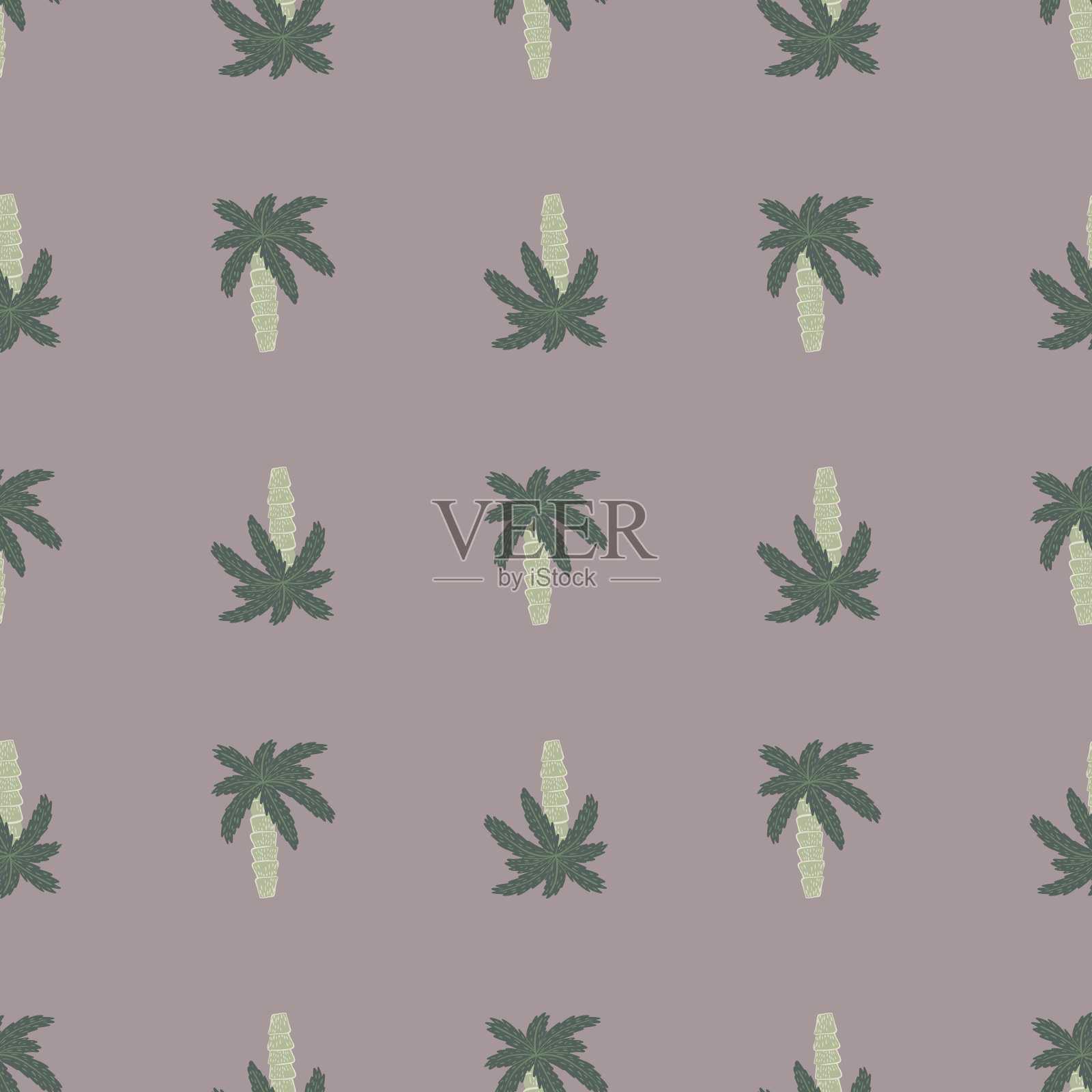 淡色调无缝图案与灰色棕树点缀。淡紫色柔和的背景。涂鸦风格。插画图片素材