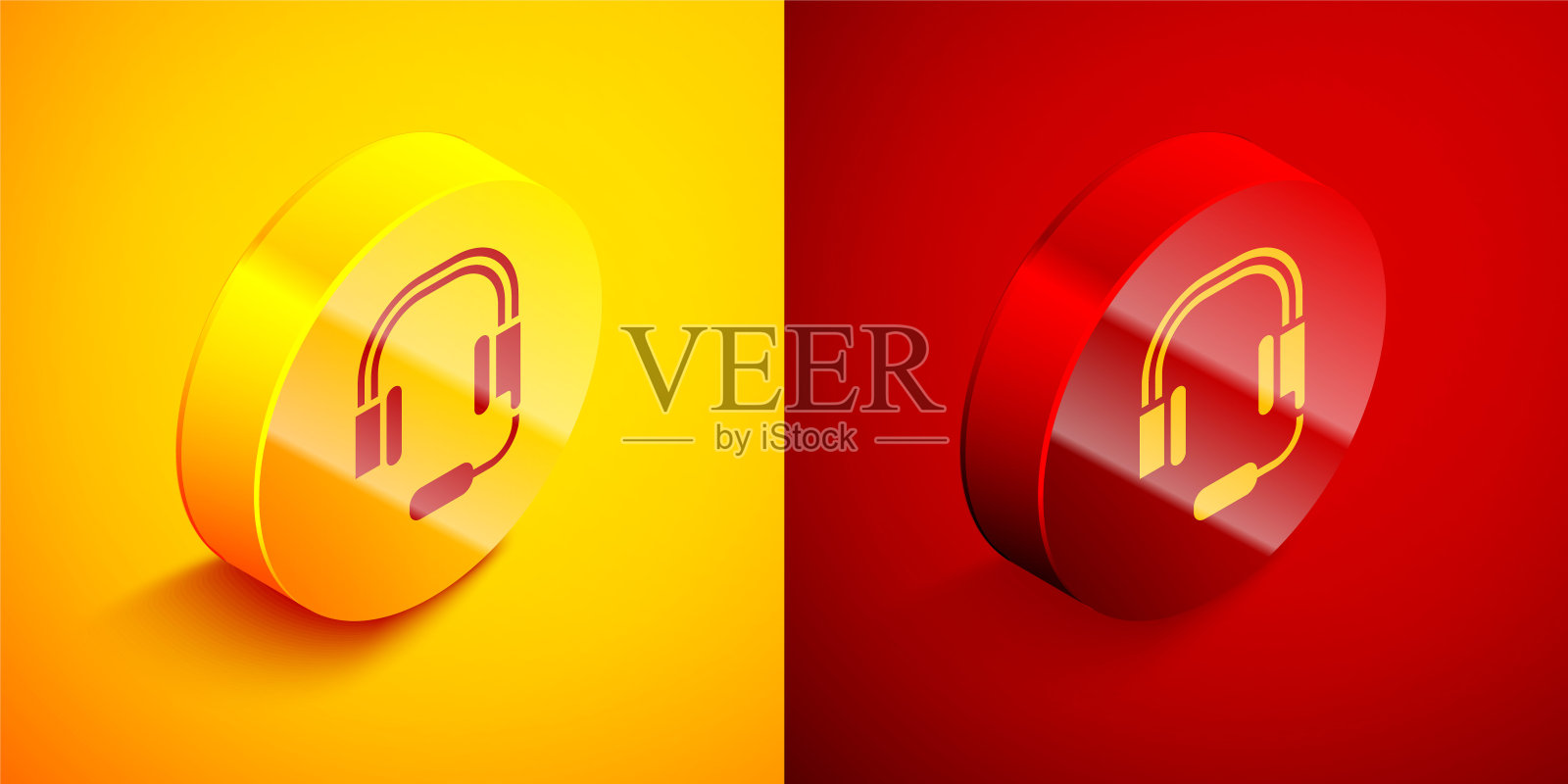等距耳机麦克风图标隔离在橙色和红色的背景。圆按钮。向量插画图片素材