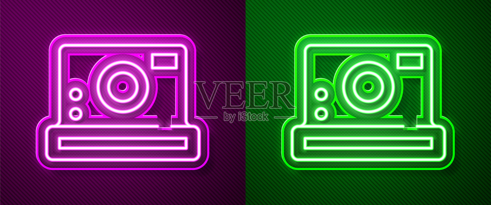 发光的霓虹灯线照片相机图标孤立在紫色和绿色的背景。与相机图标。向量图标素材