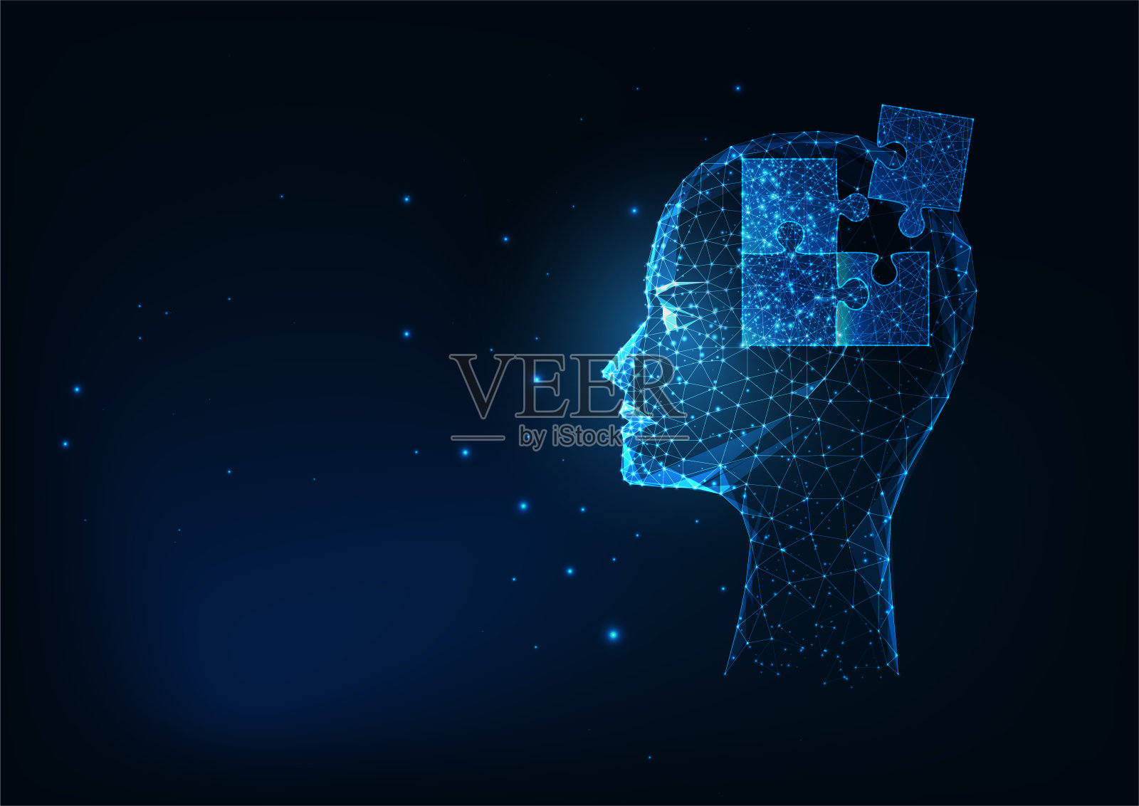 未来发光的低多边形人的头与心理学或医学谜题元素插画图片素材