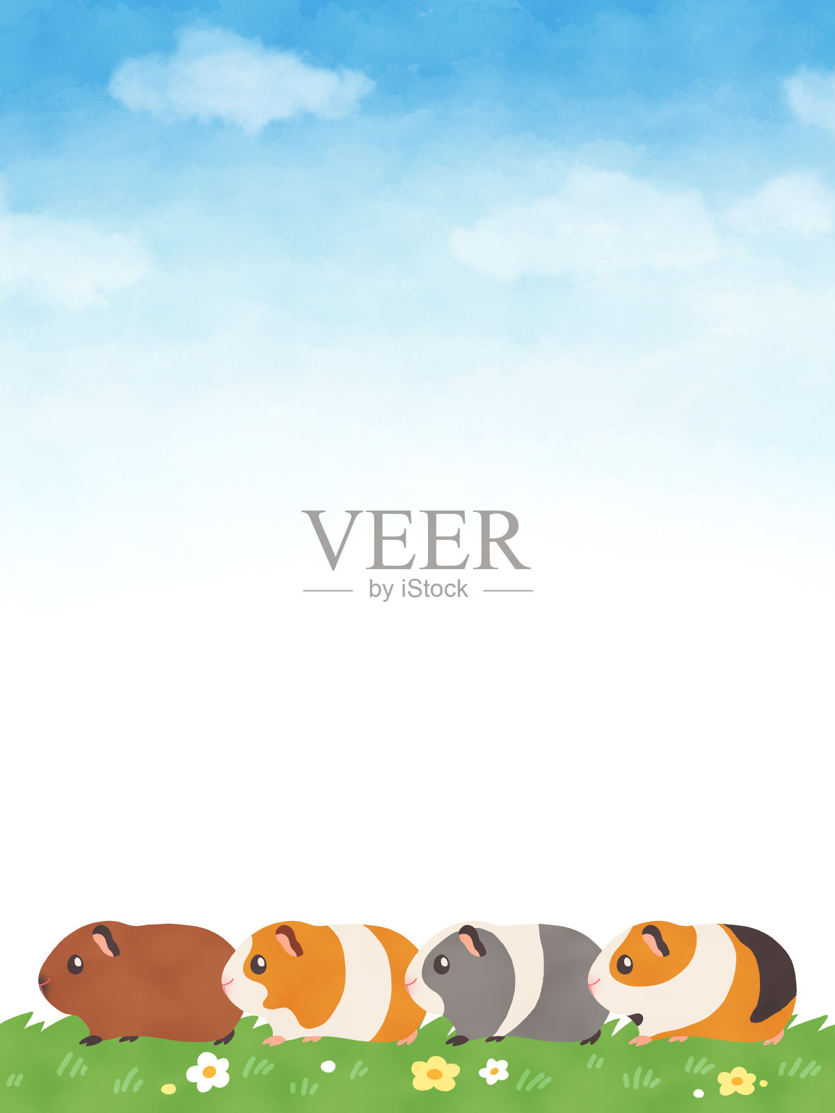 水彩画的豚鼠走在一个花田蓝天垂直插画图片素材