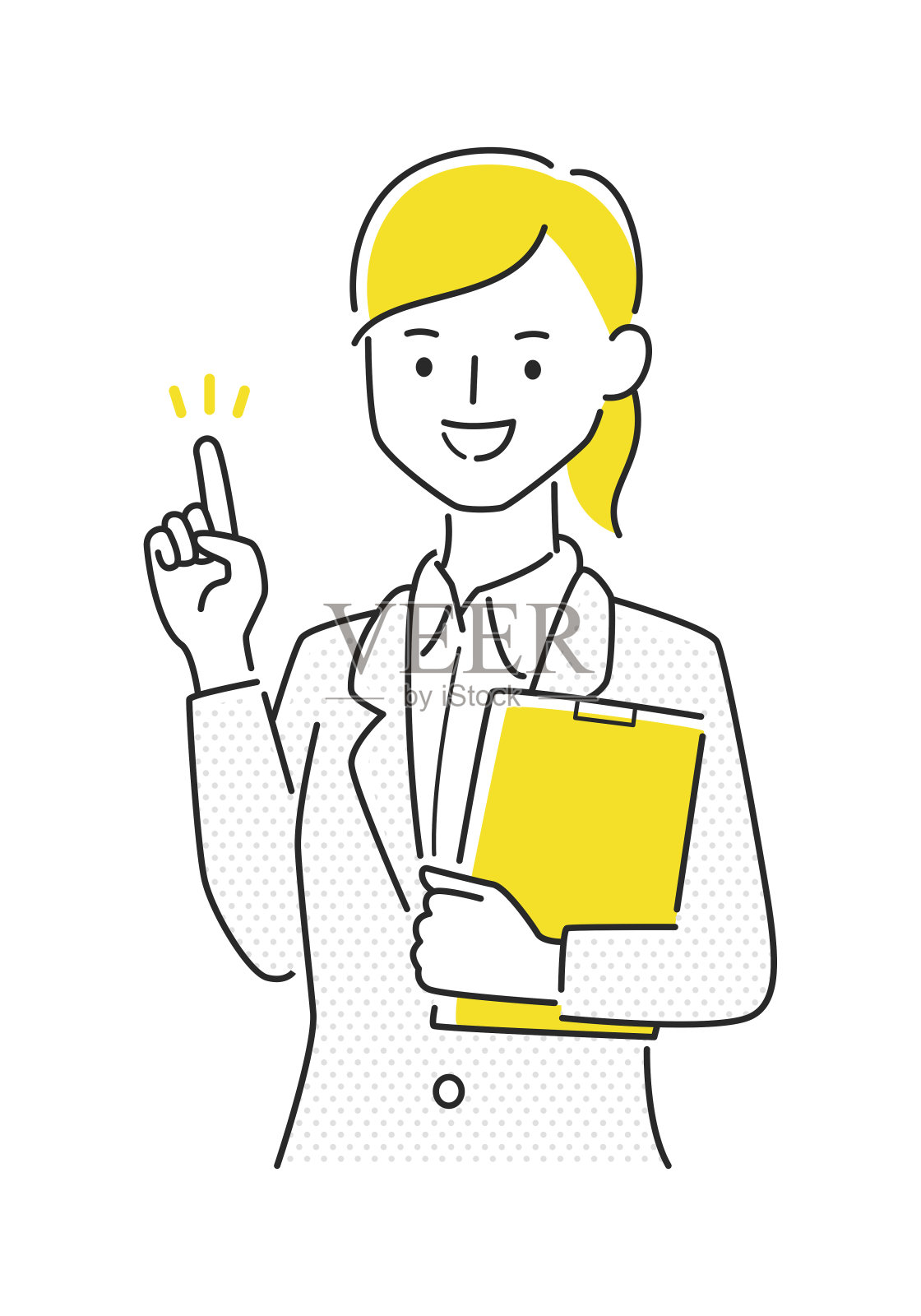 一个穿西装的女人的插图。一个年轻的女人用手指着解释。插画图片素材