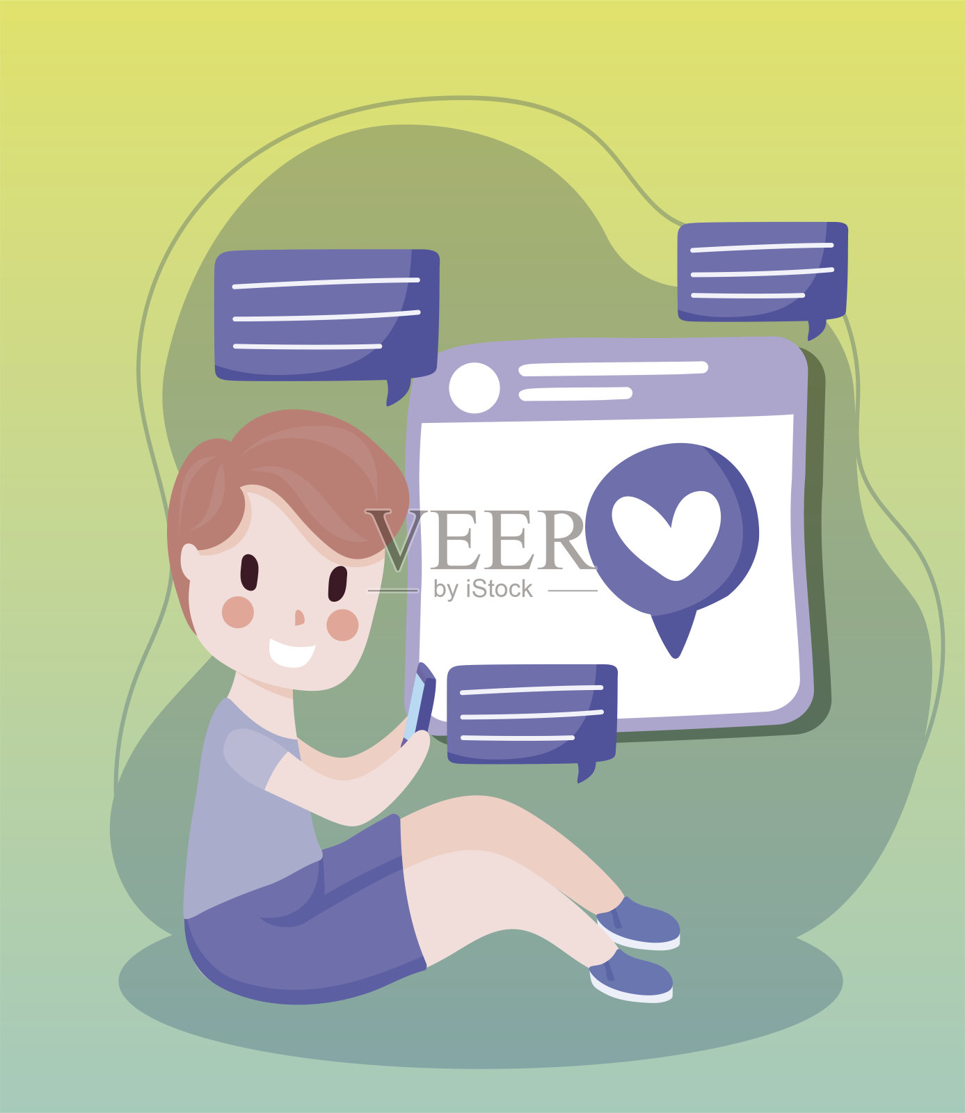 一个男孩用智能手机发浪漫的社交媒体漫画插画图片素材