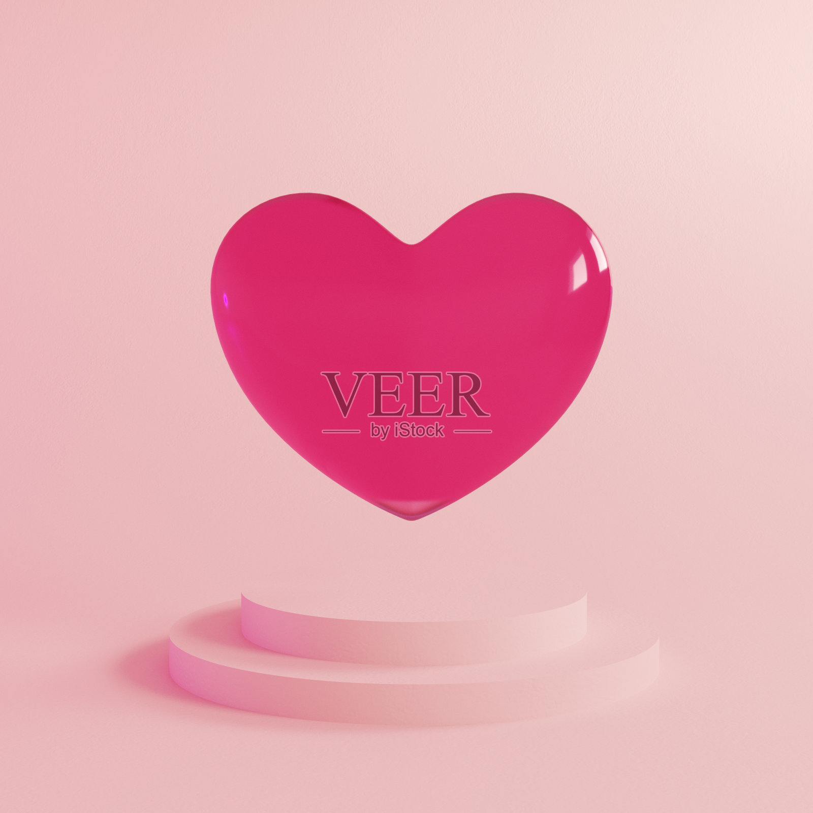 抽象的情人节背景与飞行现实的玻璃心和快乐的情人节文本。用于网站、墙纸、邀请函、海报、宣传册、横幅。最小场景几何三维讲台插画图片素材