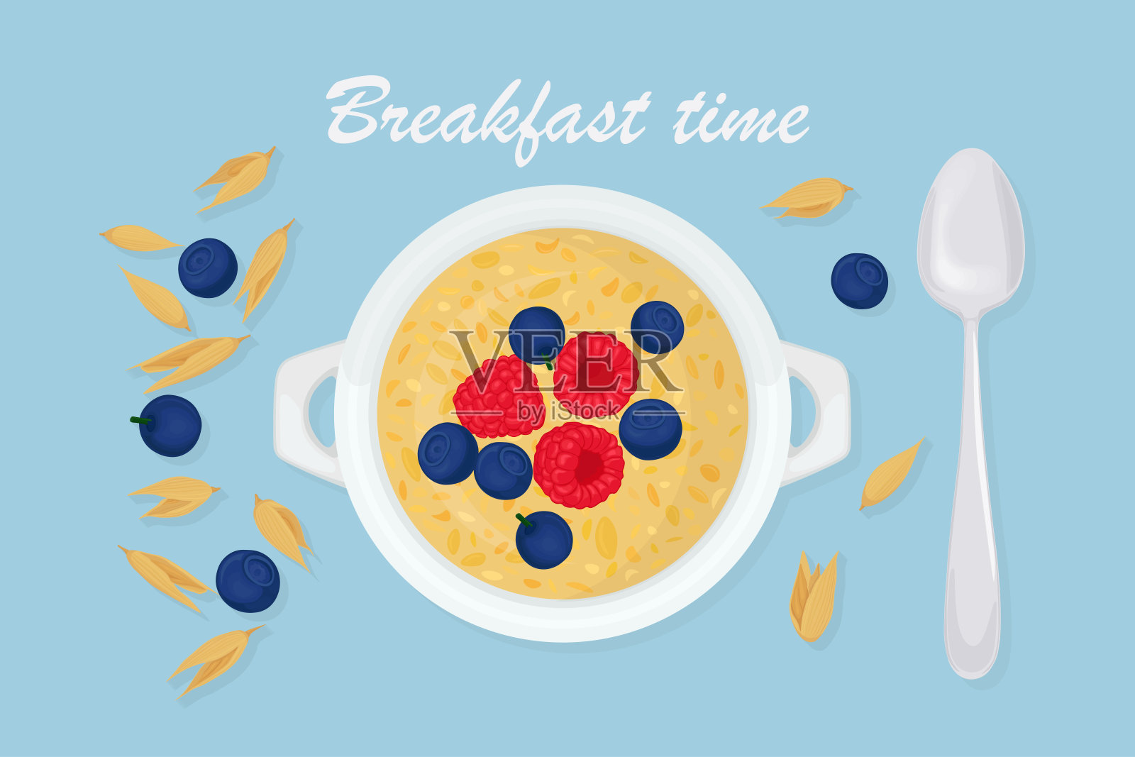 粥燕麦与勺子,浆果,覆盆子,坚果和谷物孤立在背景中。健康的早餐插画图片素材
