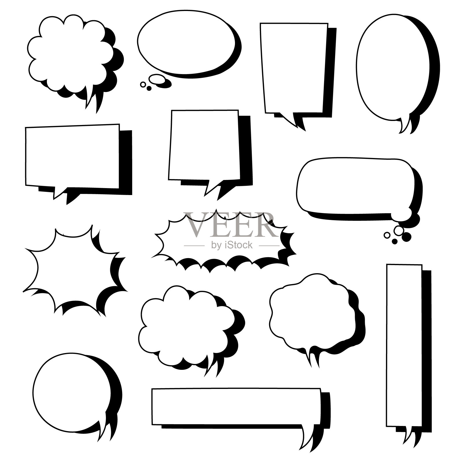 集合了一套手绘的空白语音泡泡气球,思考,说话,说话,文本框横幅与阴影,黑白颜色插画图片素材