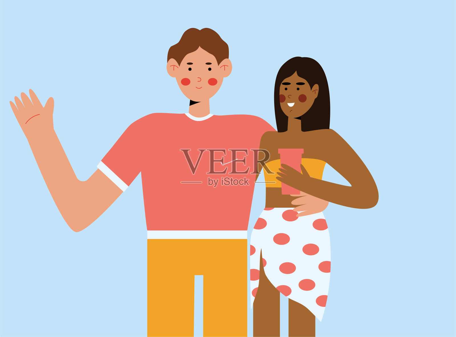 一对年轻的跨国夫妇。一个男孩和一个女孩拥抱。那个人向他打招呼。插画图片素材