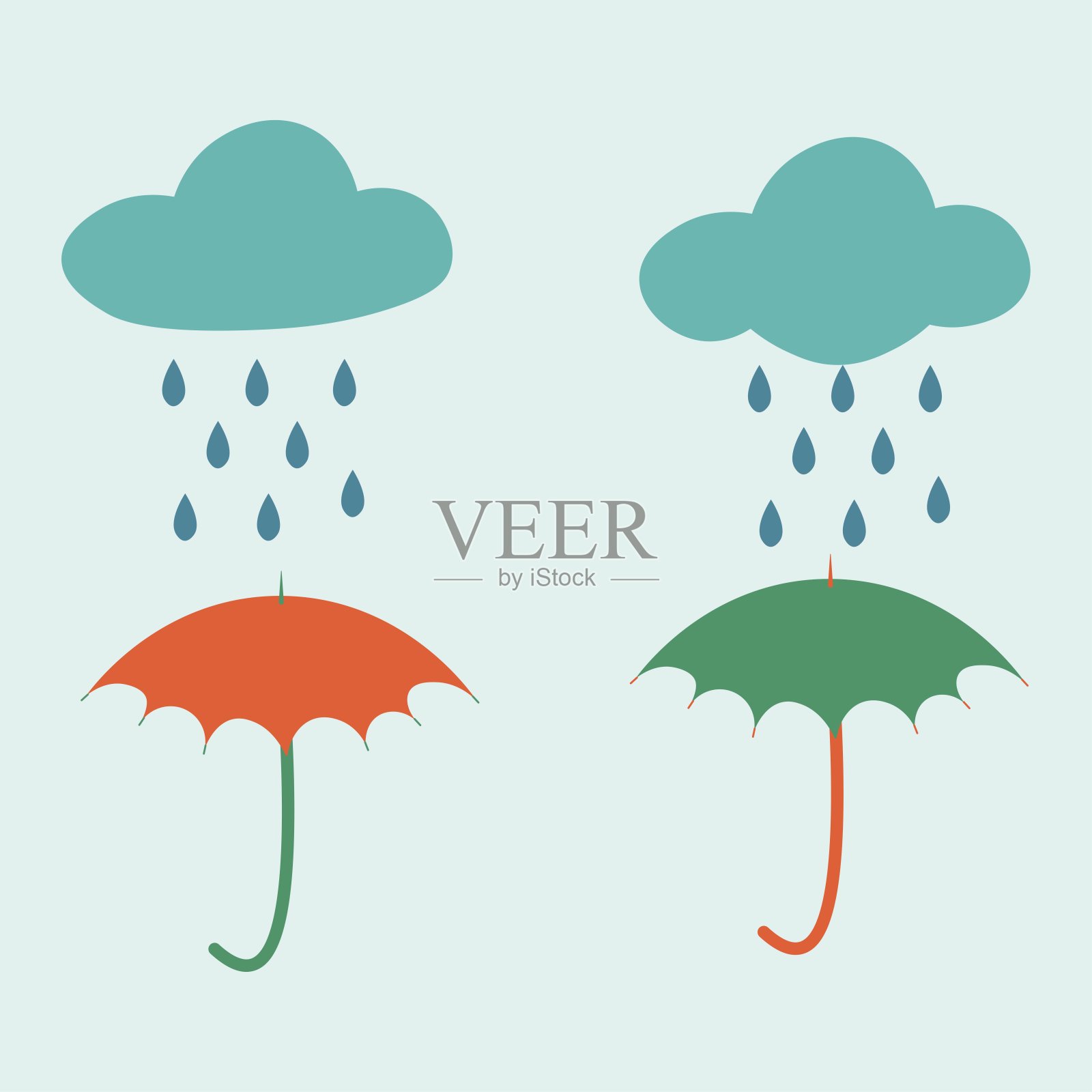 孤立的云、雨滴和两把彩色的雨伞在浅蓝色的背景上。插画图片素材