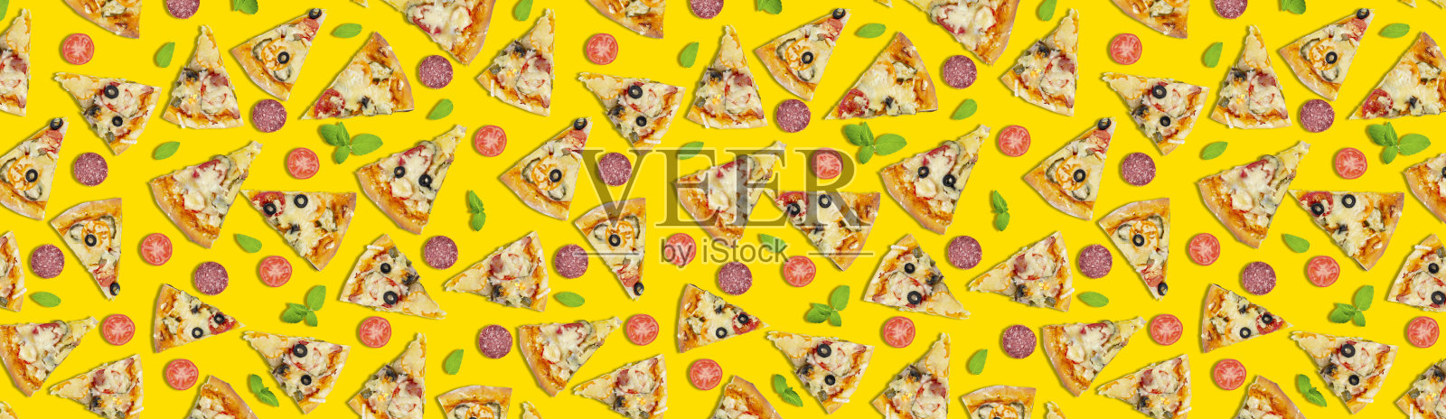 黄色的披萨片。概念横幅或传单为餐厅或快餐,披萨外卖。披萨宽模式。俯视图,平放。插画图片素材