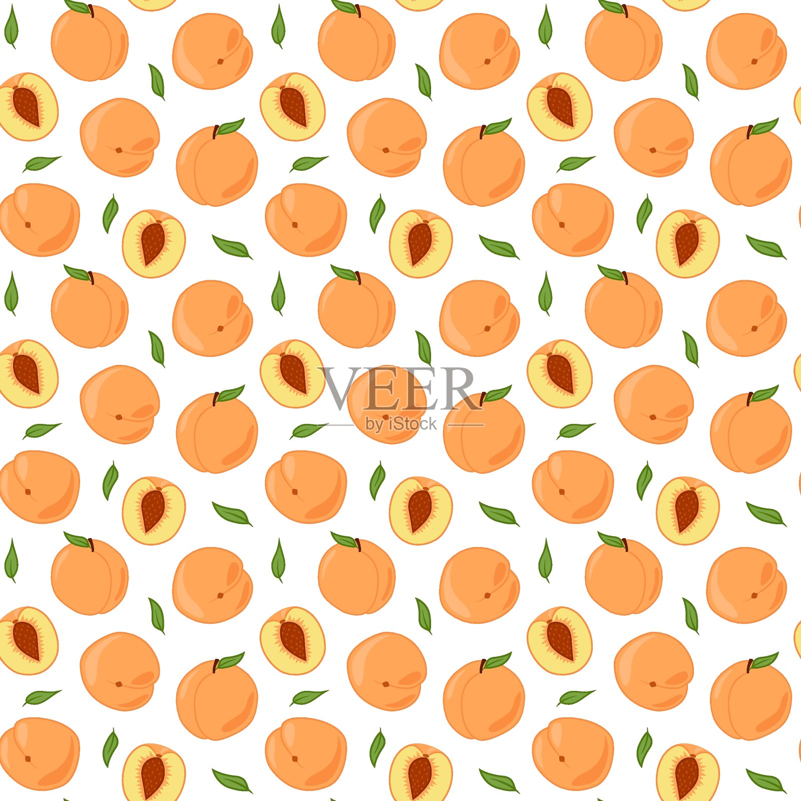 带叶的成熟桃子切成块。在白色背景上新的重复的彩色图案。插画图片素材