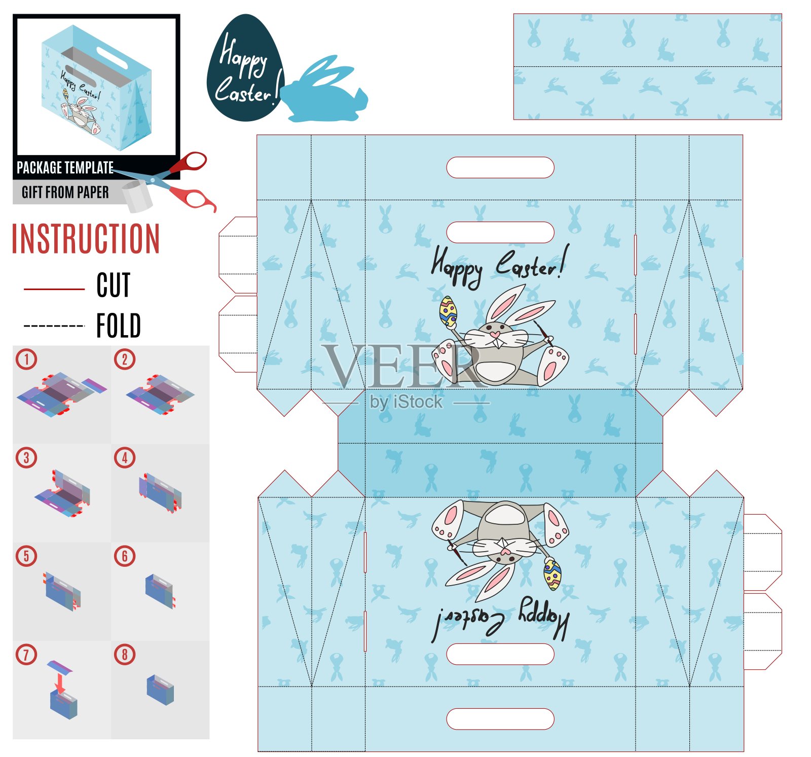 盒子模板复活节节日。兔子画鸡蛋插画图片素材