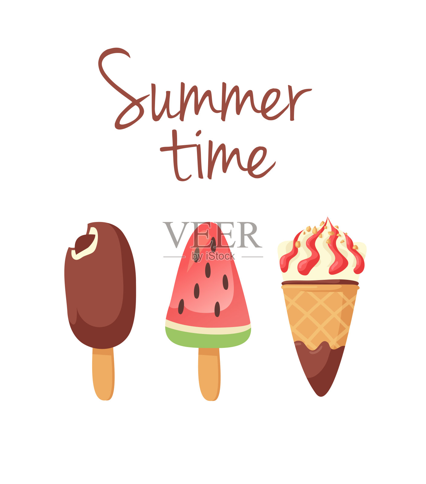 手绘冰淇淋矢量艺术绘画和引用。夏季插图甜快餐表情。有趣的表情和文本插画图片素材