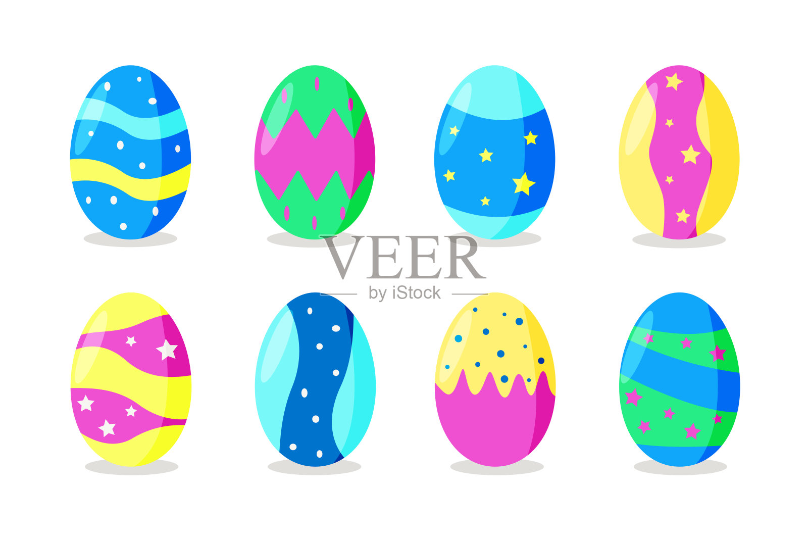 一套明亮多彩的复活节彩蛋,矢量插图在白色的背景。插画图片素材