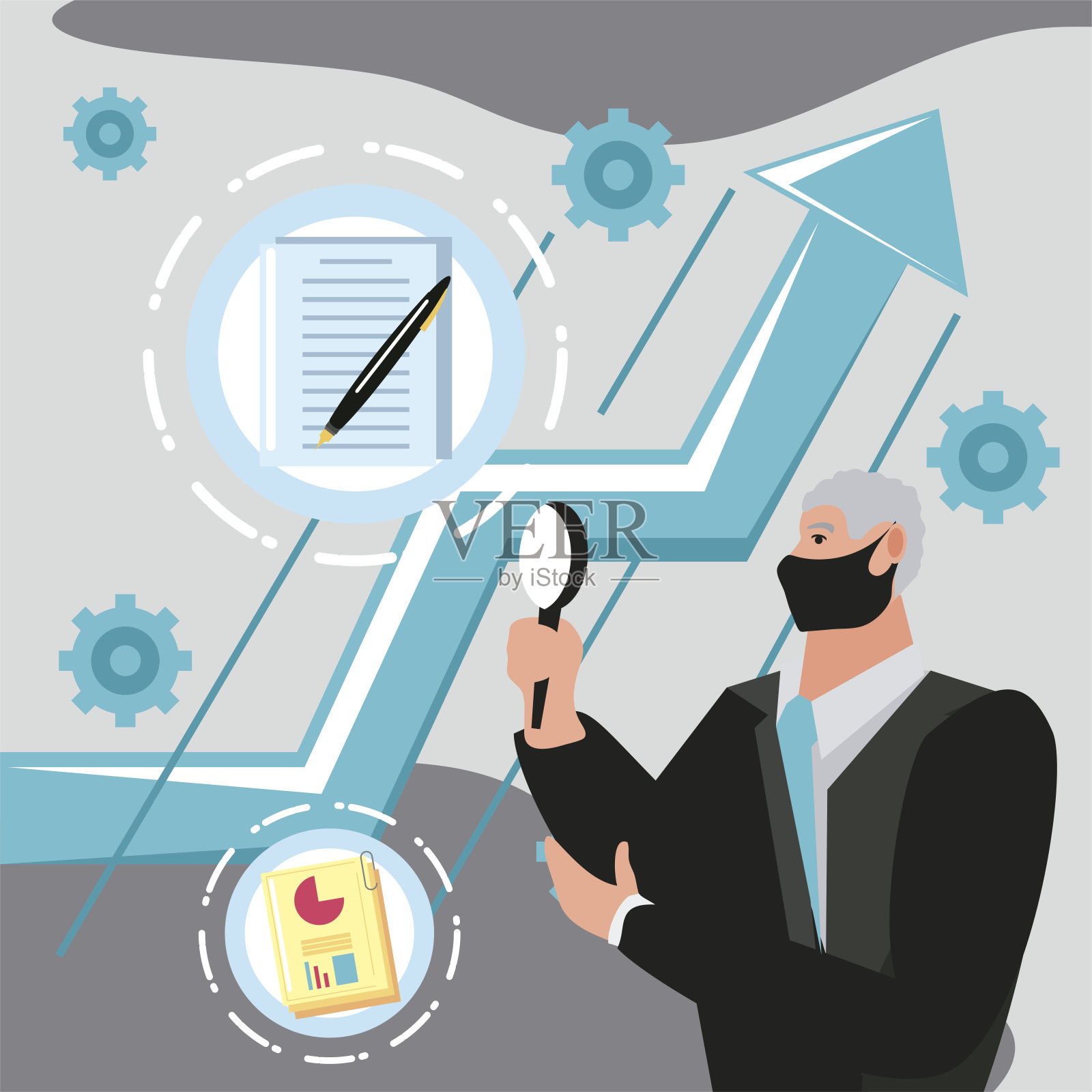 商人戴着面具,分析业务增长思路插画图片素材
