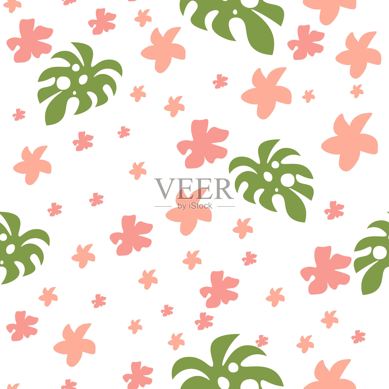 木槿和怪物无缝图案。热带花在白色的背景。适合婴儿,儿童服装,印花设计,纺织品。插画图片素材