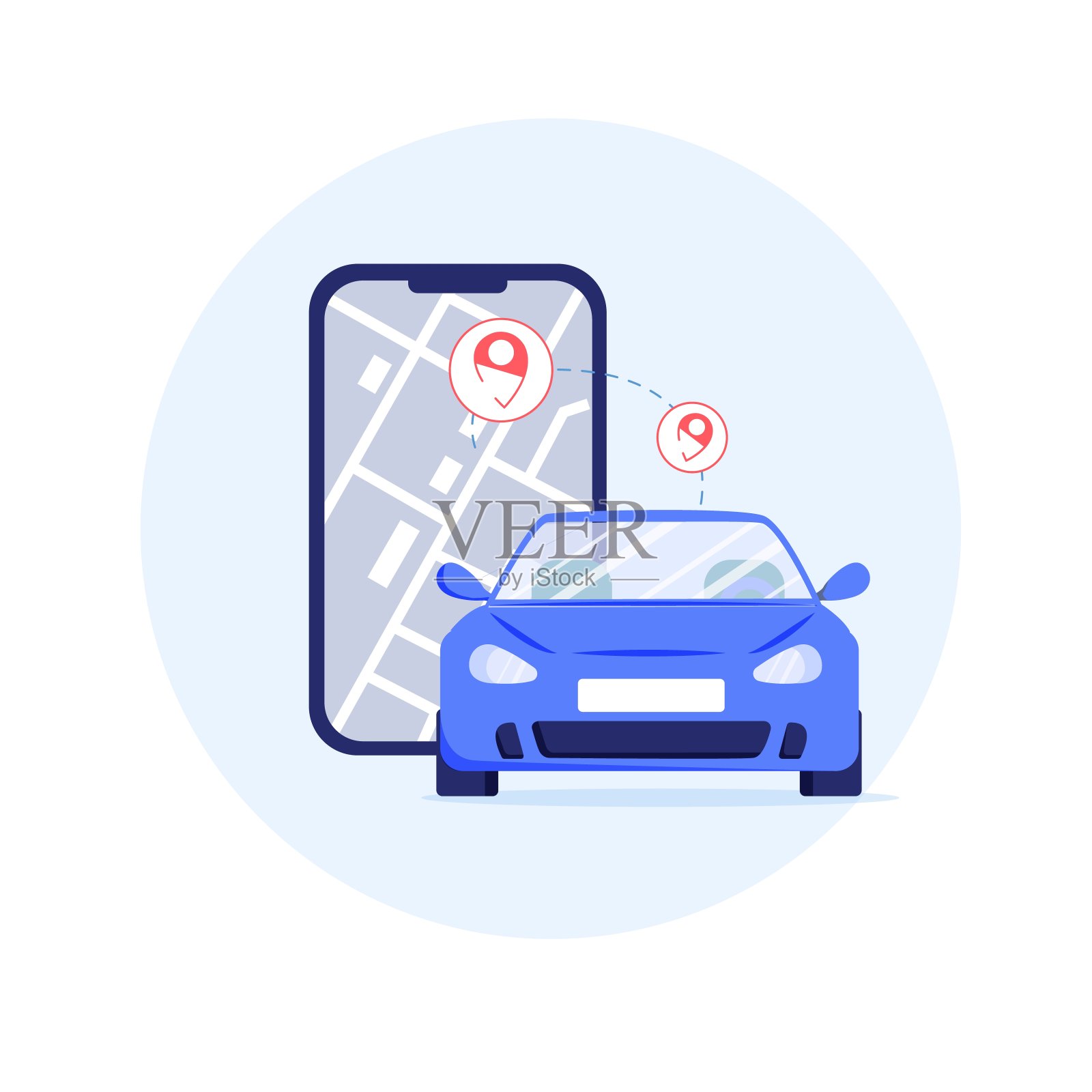 平面卡通车,智能手机和gps跟踪手机应用程序,矢量插图概念插画图片素材