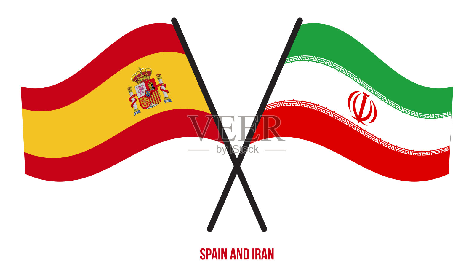 西班牙和伊朗旗帜交叉和挥舞平风格。官方的比例。正确的颜色。插画图片素材