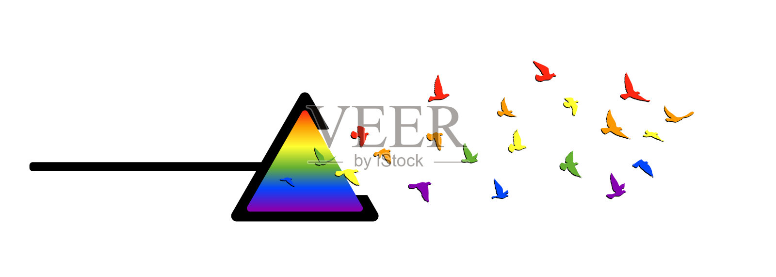 飞鸟的轮廓与光谱彩色棱镜三角形在白色的背景。矢量插图。孤立的鸟飞。纹身和壁纸背景设计。插画图片素材