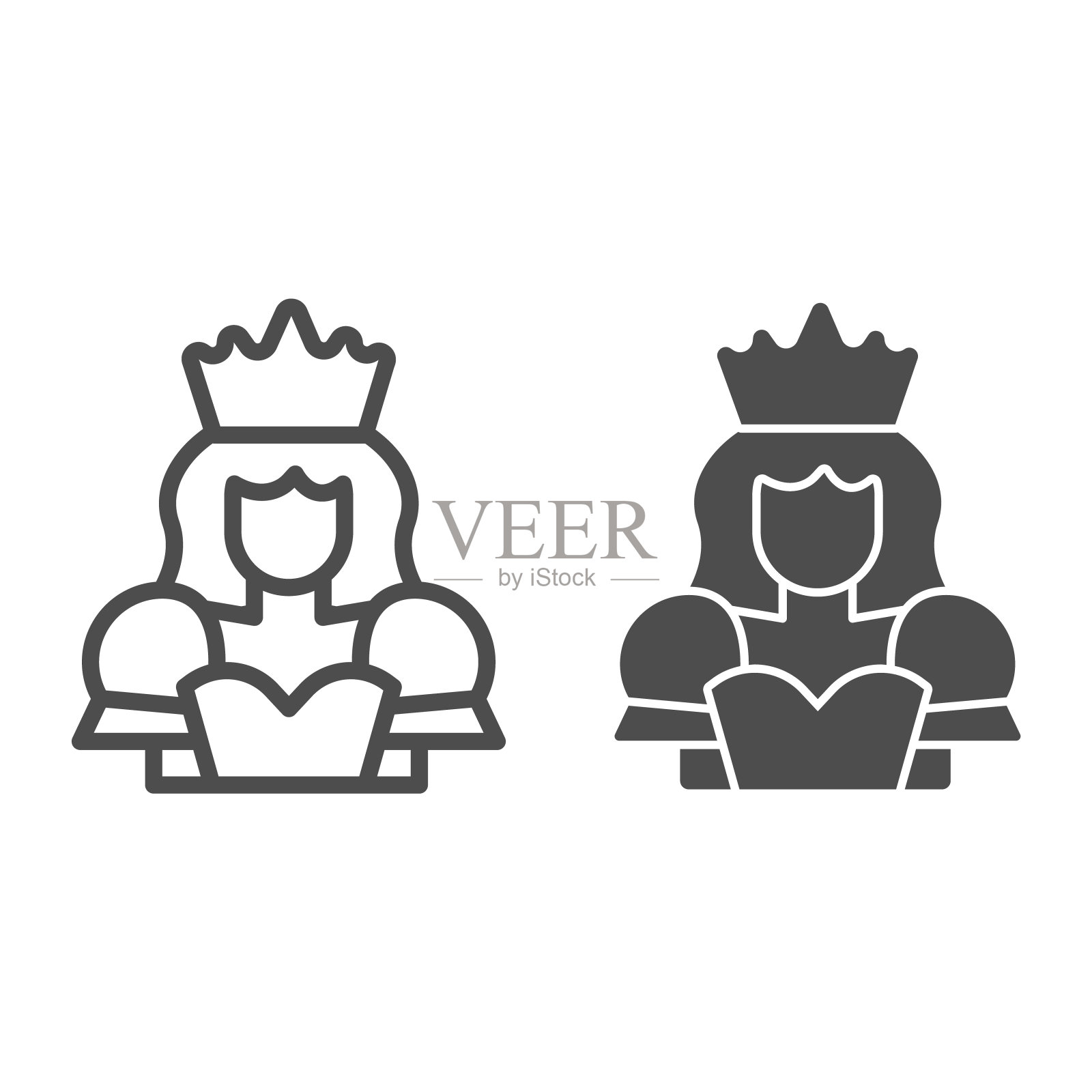 女王线和固体图标,童话概念,公主标志在白色背景,女王与皇冠图标轮廓风格的移动概念和网页设计。矢量图形。插画图片素材