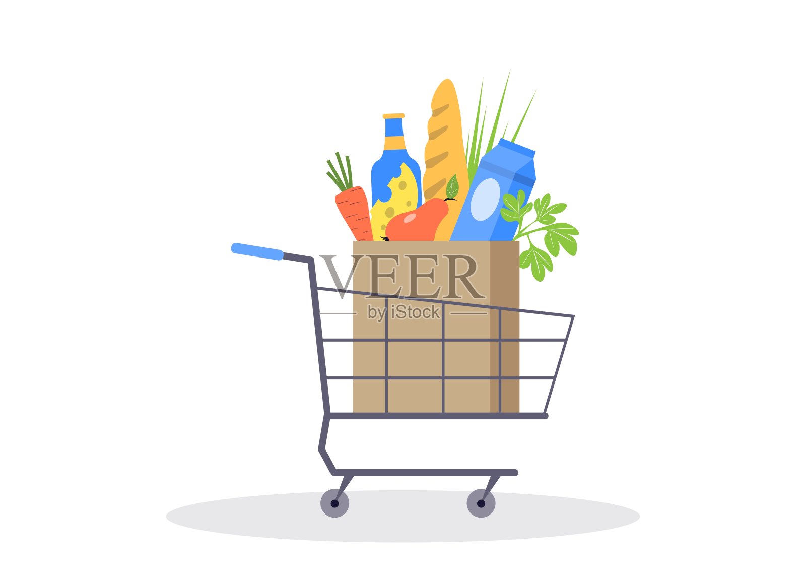 超市购物车。完整的食品篮子。购物车与新鲜的产品。自助商店的产品。矢量插图在白色孤立的背景。插画图片素材