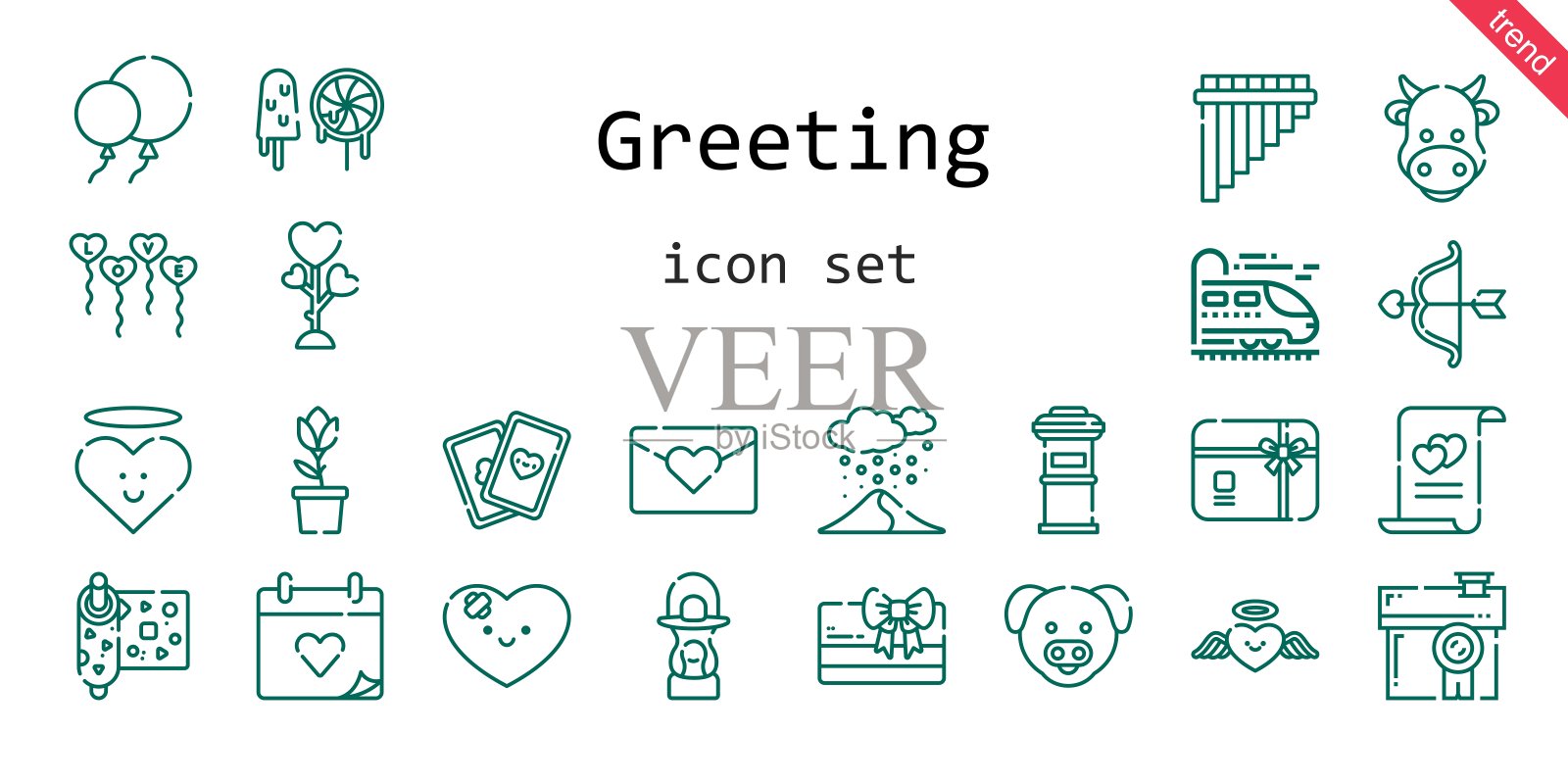 问候语图标集。线图标样式。祝福相关图标如爱情,礼品卡,贺卡,气球,婚礼,下雪,奶牛,包装,郁金香,房子,灯笼,心,猪,丘比特,长笛,婚姻,情书,信箱图标素材