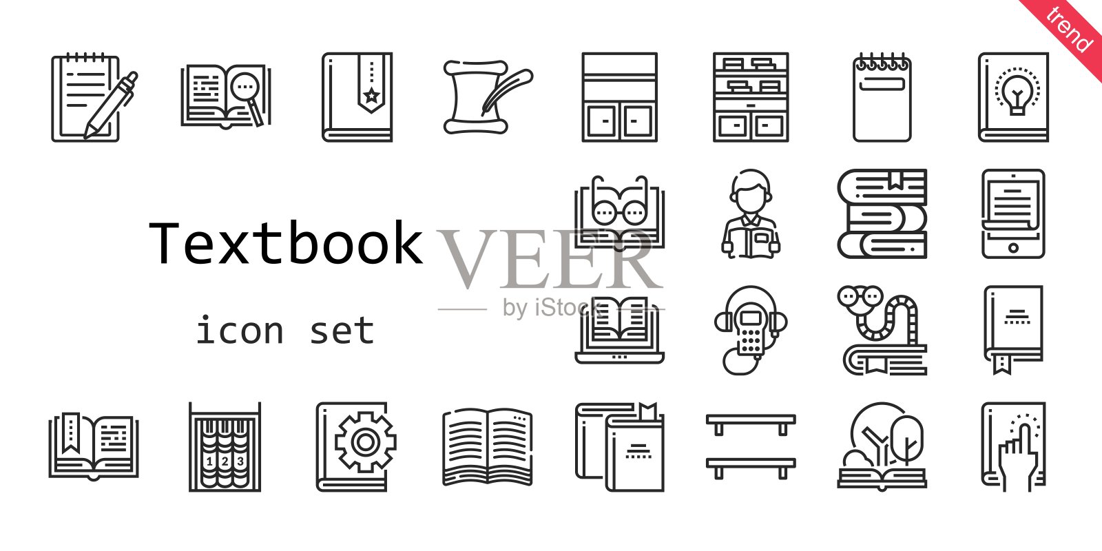 教科书的图标集。行图标风格。教科书相关图标,如书虫,文学,电子阅读器,音频导游,书籍,打开书,书架,书,记事本,阅读,图标素材