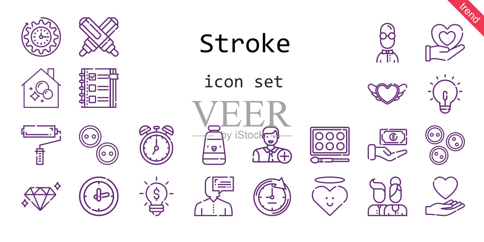 中风的图标集。行图标风格。笔画相关的图标,如爱,油漆滚轮,按钮,想法,清单,时钟,油画,家务,心脏,用户,钻石,水彩,添加用户,标记,现金,用户,图标素材