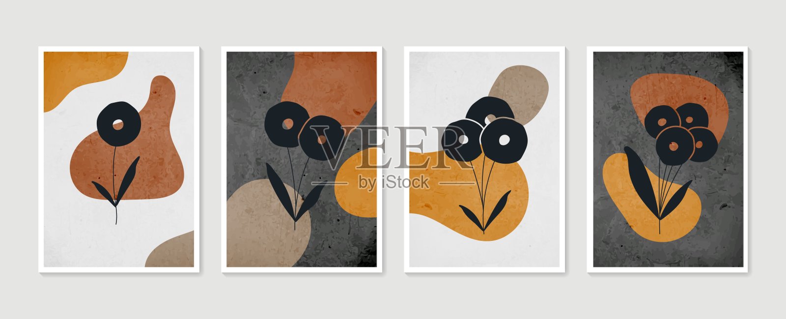 植物墙艺术向量集。简约自然的墙壁艺术。波荷叶线艺术绘画的抽象形状。植物艺术设计版画、墙纸、封面。现代向量插图。插画图片素材