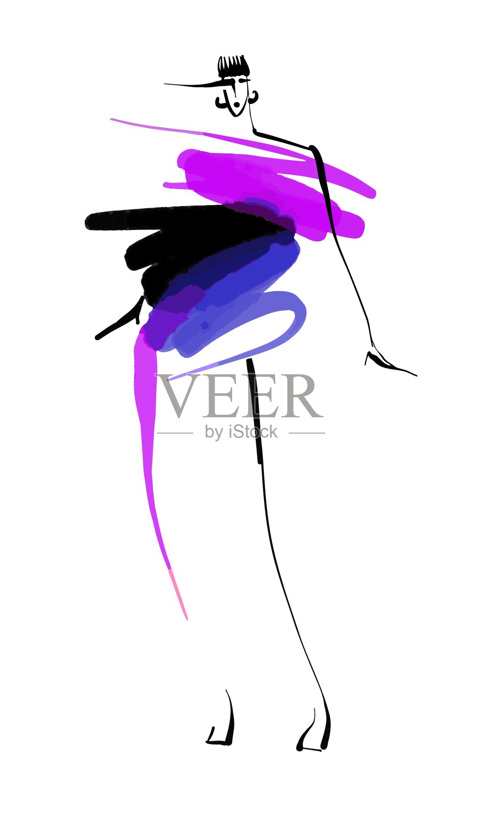 时装模特手绘草图,风格化剪影孤立。时装插图插画图片素材