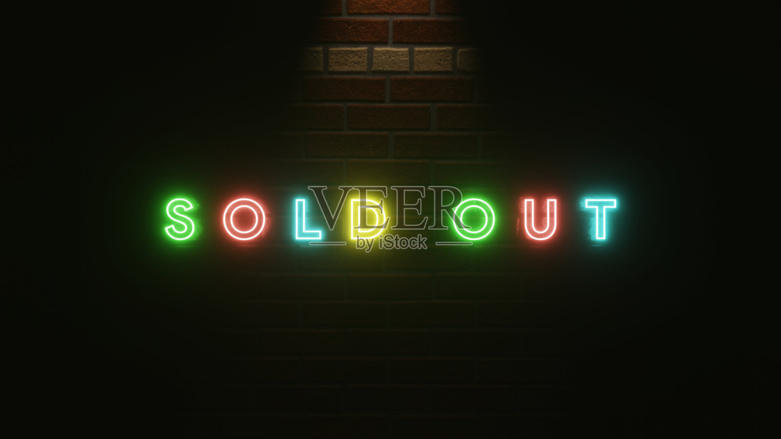 售完文字霓虹色彩斑斓的砖墙纹理。3D渲染插图。“售完”的霓虹灯标志。霓虹灯光效果文字和墙砖纹理简约典雅照片摄影图片