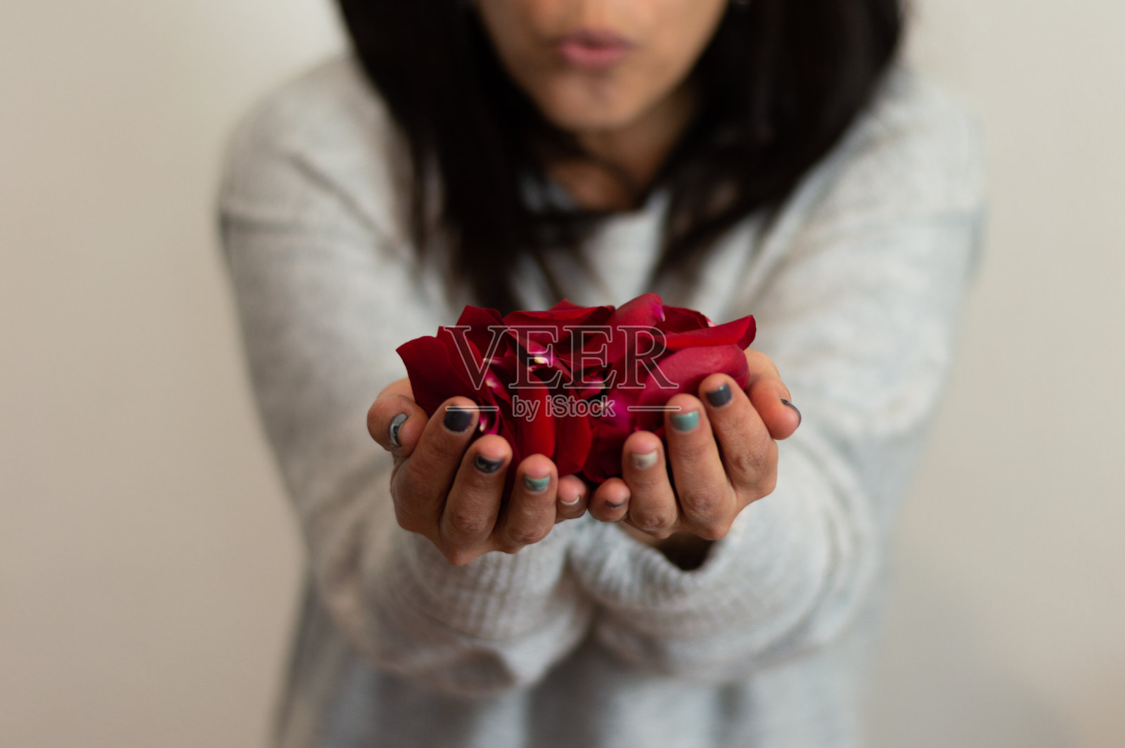 一个女人拿着一朵红玫瑰的花瓣,用手吹着。选择性地聚焦在花瓣上。爱的概念照片摄影图片