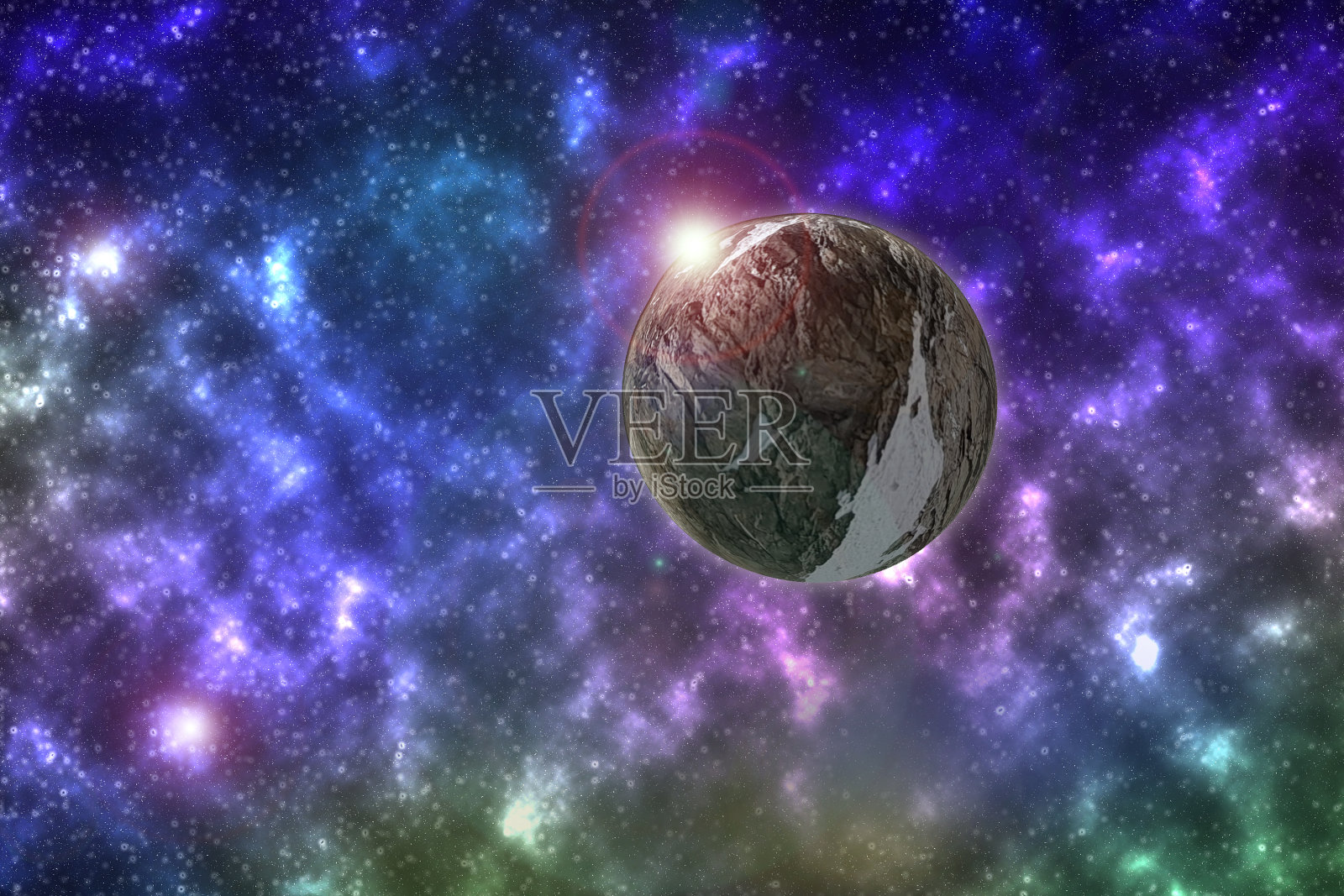 场景3D插图或3D渲染虚构的行星在宇宙和星系,发光明亮插画图片素材