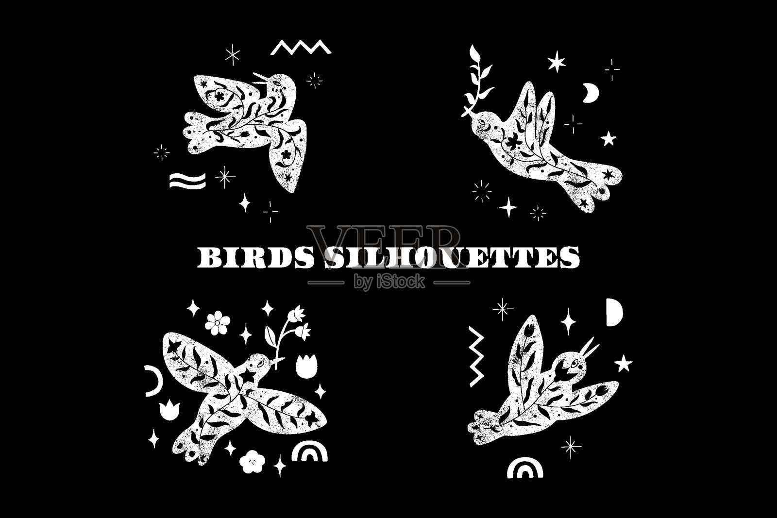 花黑色鸟剪影。向量scandinvian设计插画图片素材