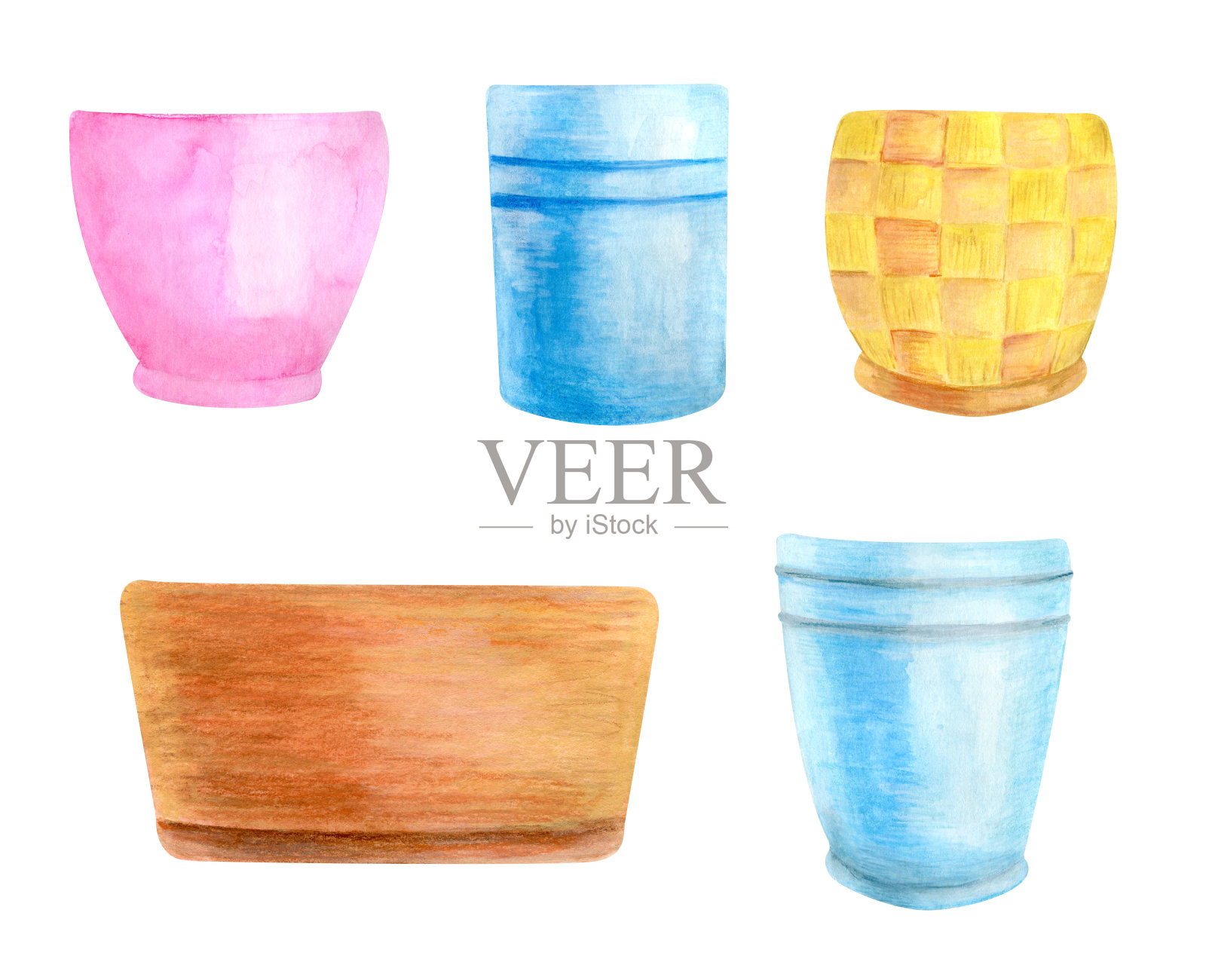 水彩画一套空花盆。手绘陶瓷和柳条花盆插画图片素材