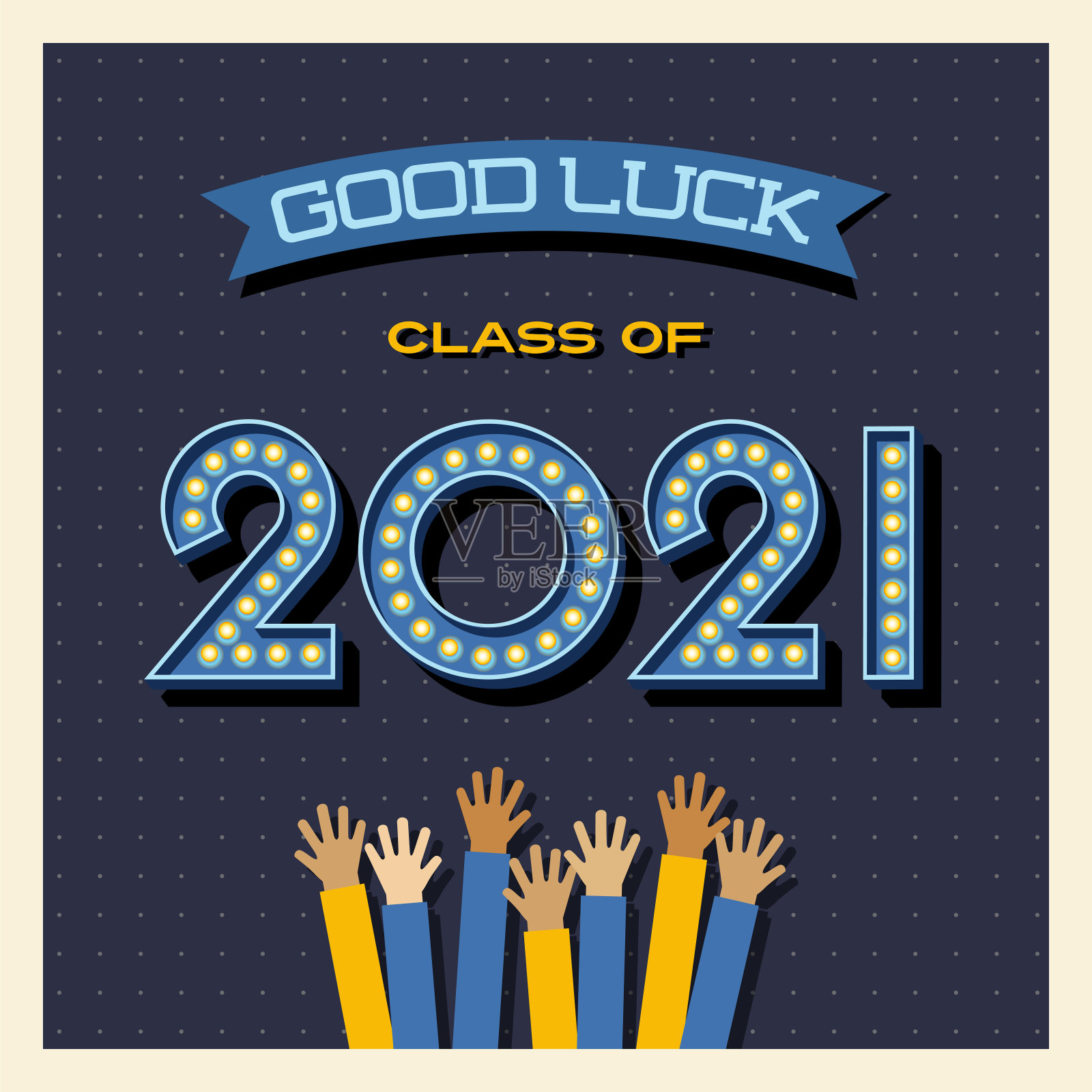 2021年毕业卡或社交媒体设计,毕业生在空中挥舞双手插画图片素材