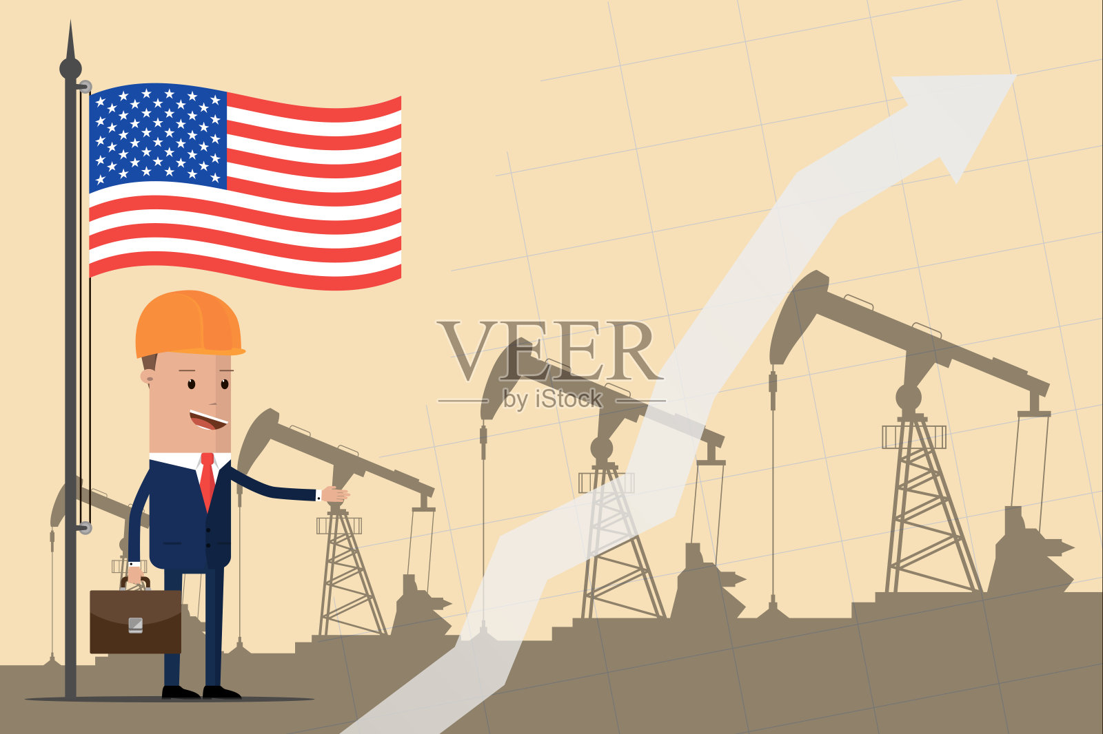 商人或政治家在美国国旗下戴着头盔,背景是油泵。石油工业利润的增长。矢量图插画图片素材